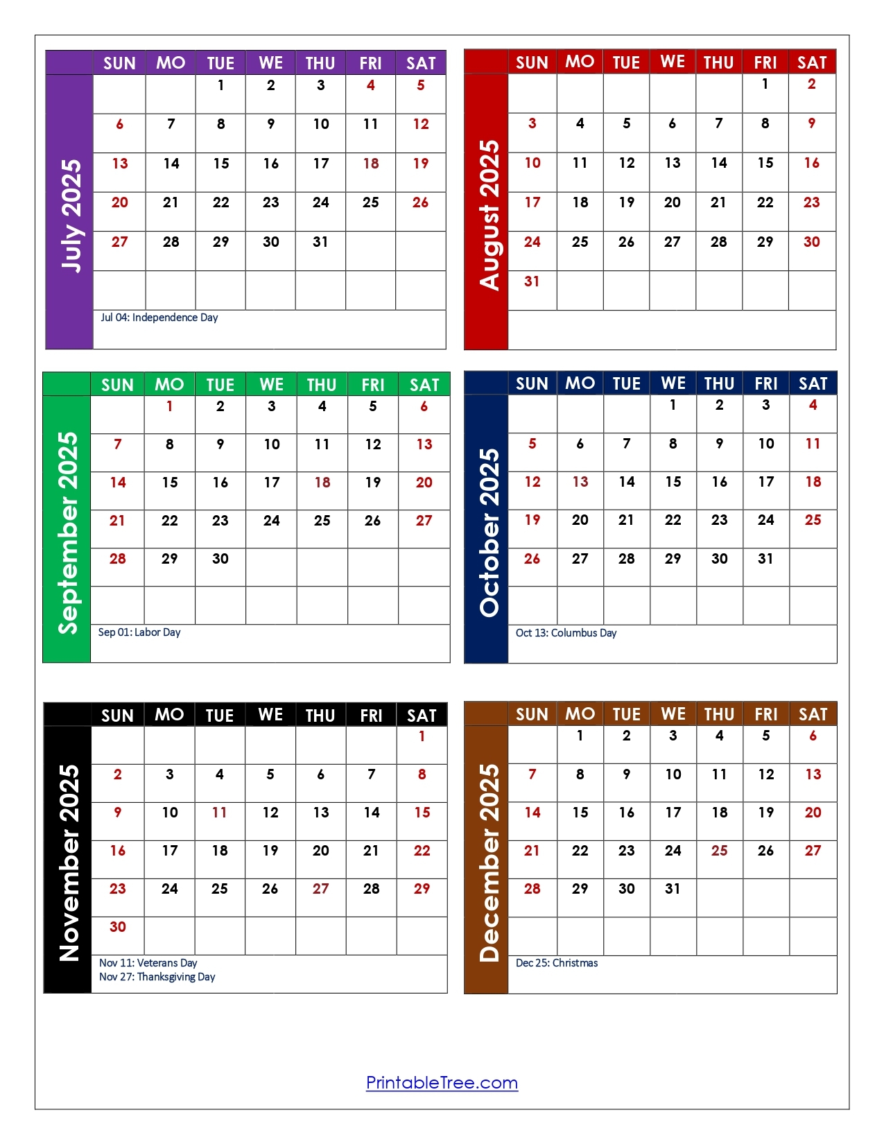 July To December 2025 Calendar Printable PDF Six Months Calendar