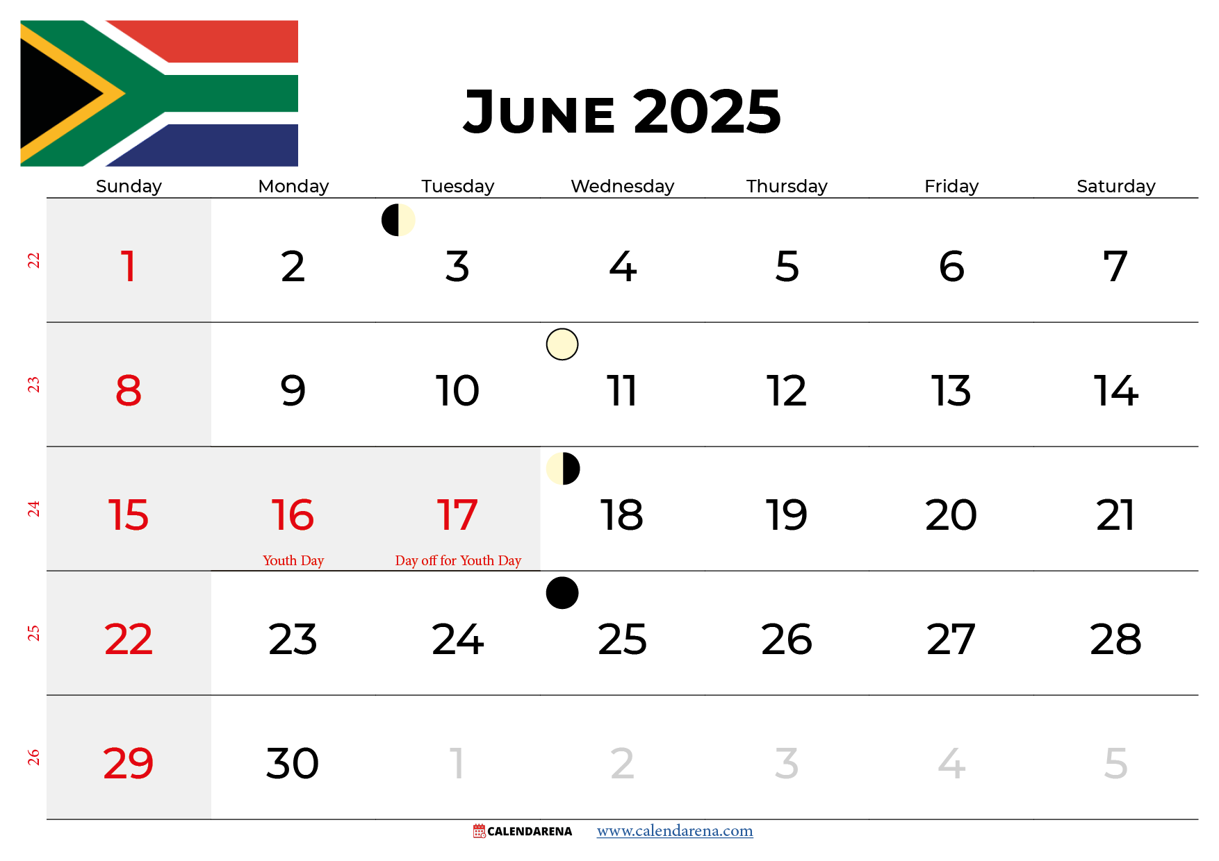 June 2025 Calendar South Africa With Holidays