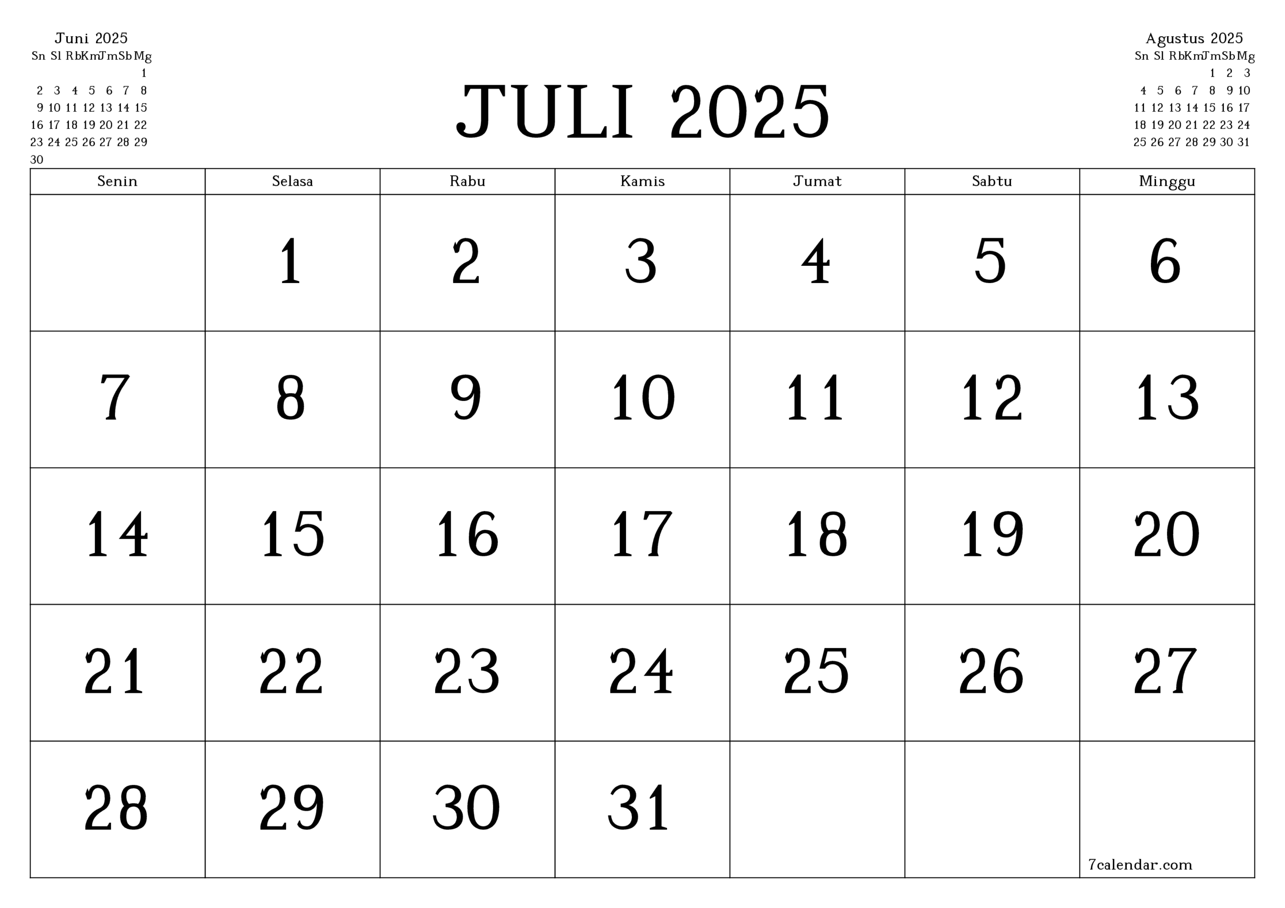 Kalender Dan Agenda Untuk Pencetakan Juli 2025 A4 A3 Ke PDF Dan PNG 7calendar