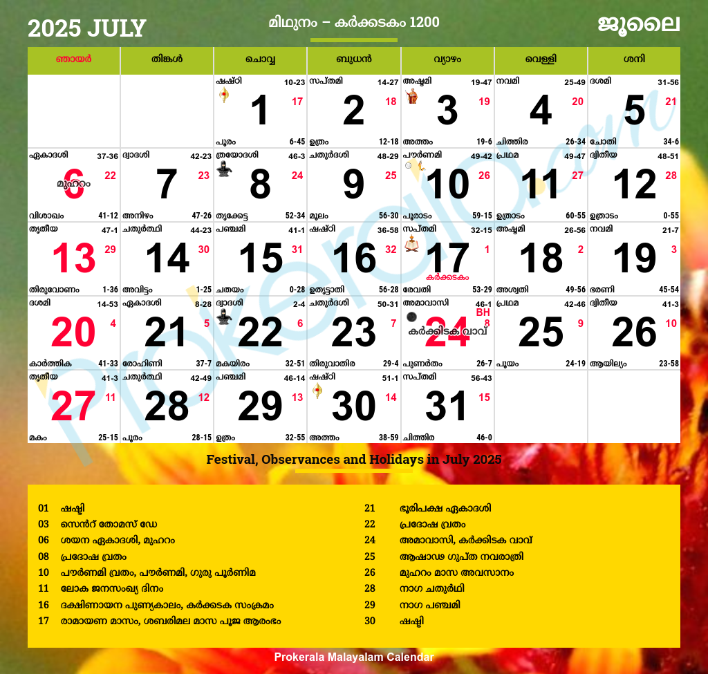 July 2025 Calendar Malayalam Printable Calendar 20252026