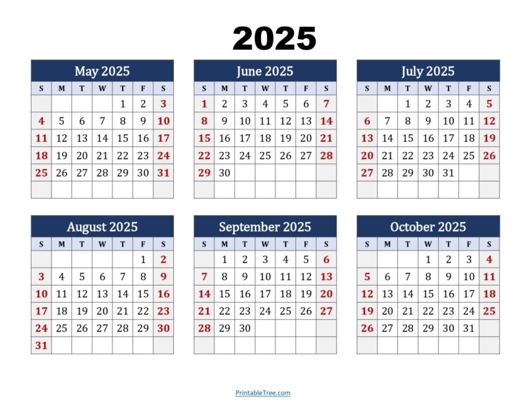 May To October 2025 Calendar Printable PDF Six Months Calendar