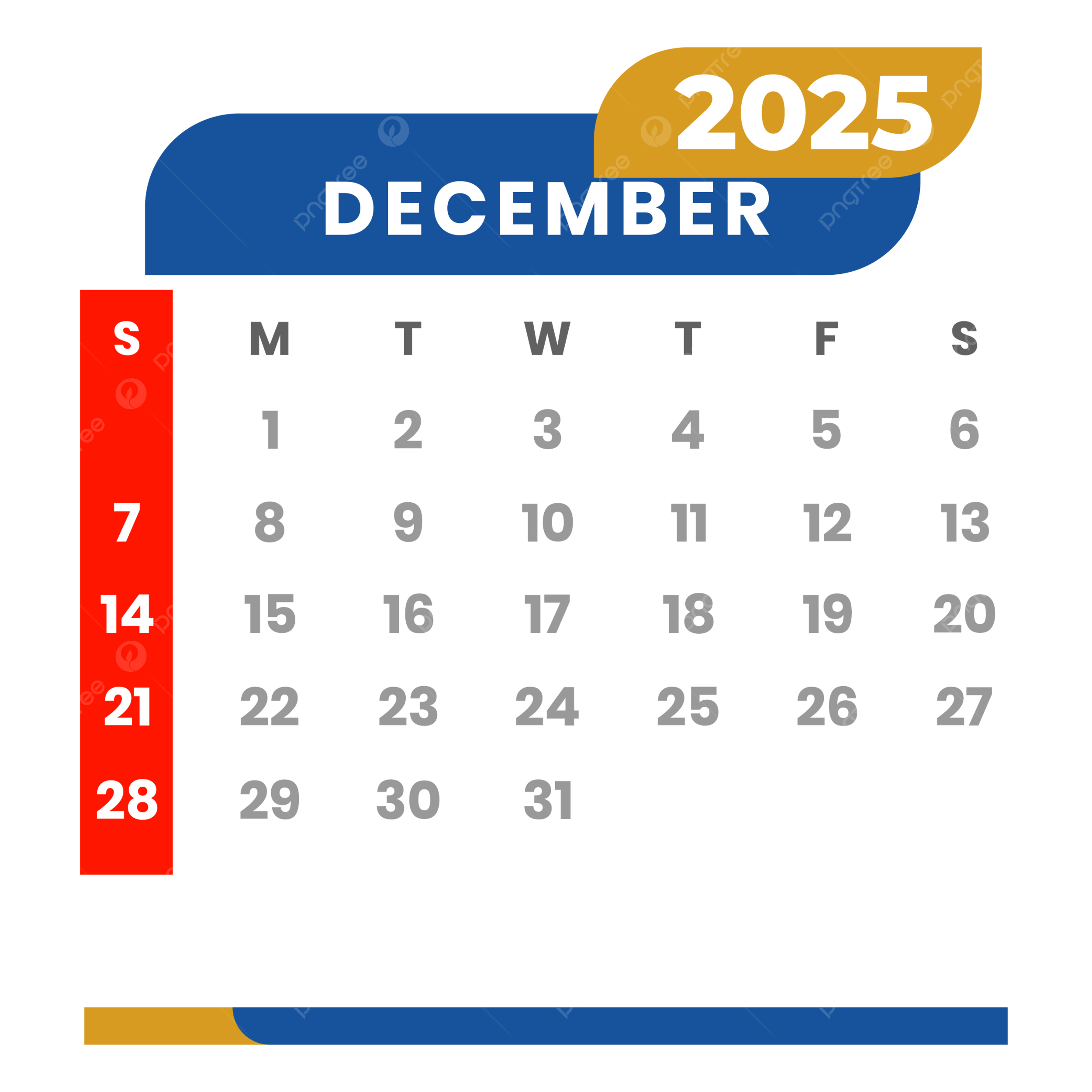 December 2025 Single Page Vertical Monthly Calendar Transparent Background