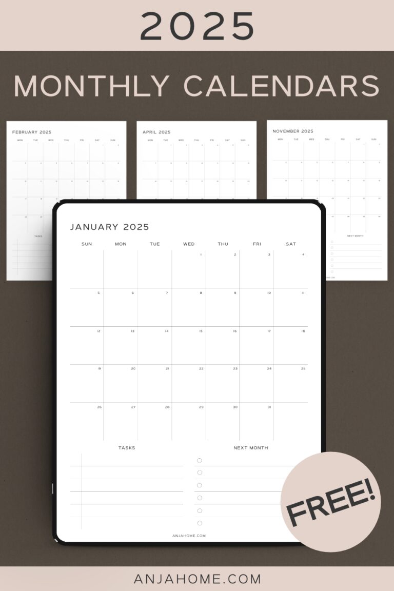 Monthly Calendar Digital Template 2025 AnjaHome
