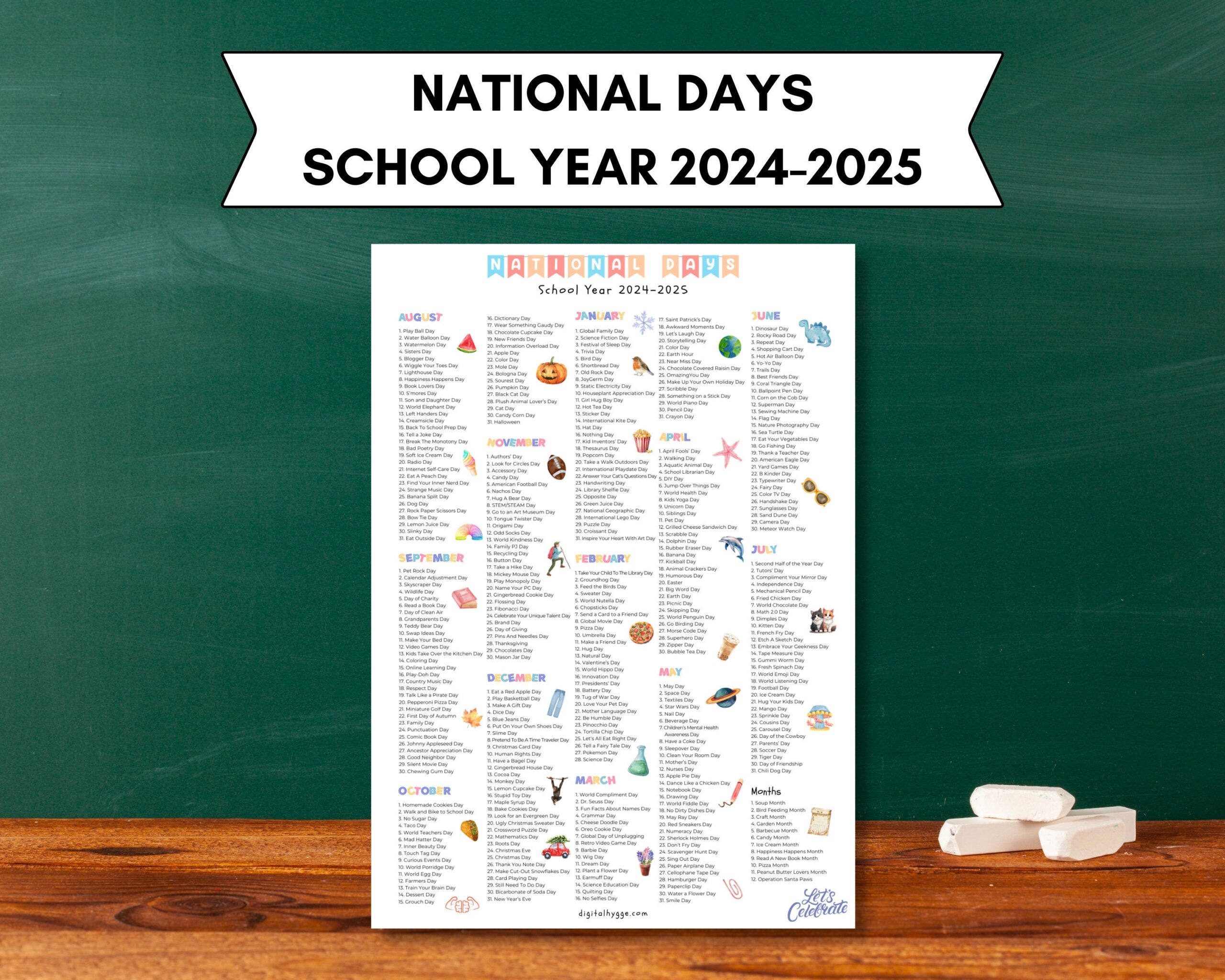 National Days Printable Calendar School Year 2024 2025 National Days For Kids And Teachers 365 Days To Celebrate Fun National Days