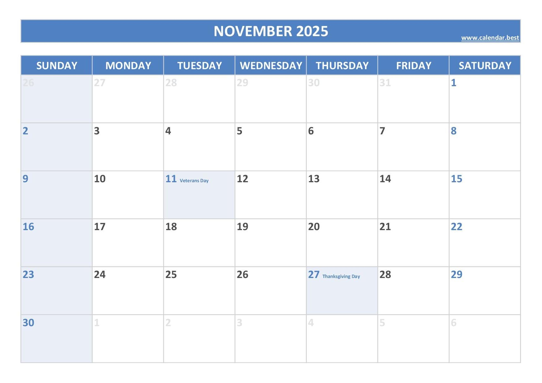 Daily Calendar November 2025