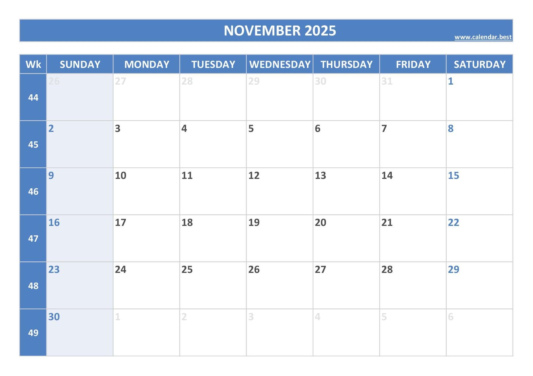 November 2025 Calendar Day