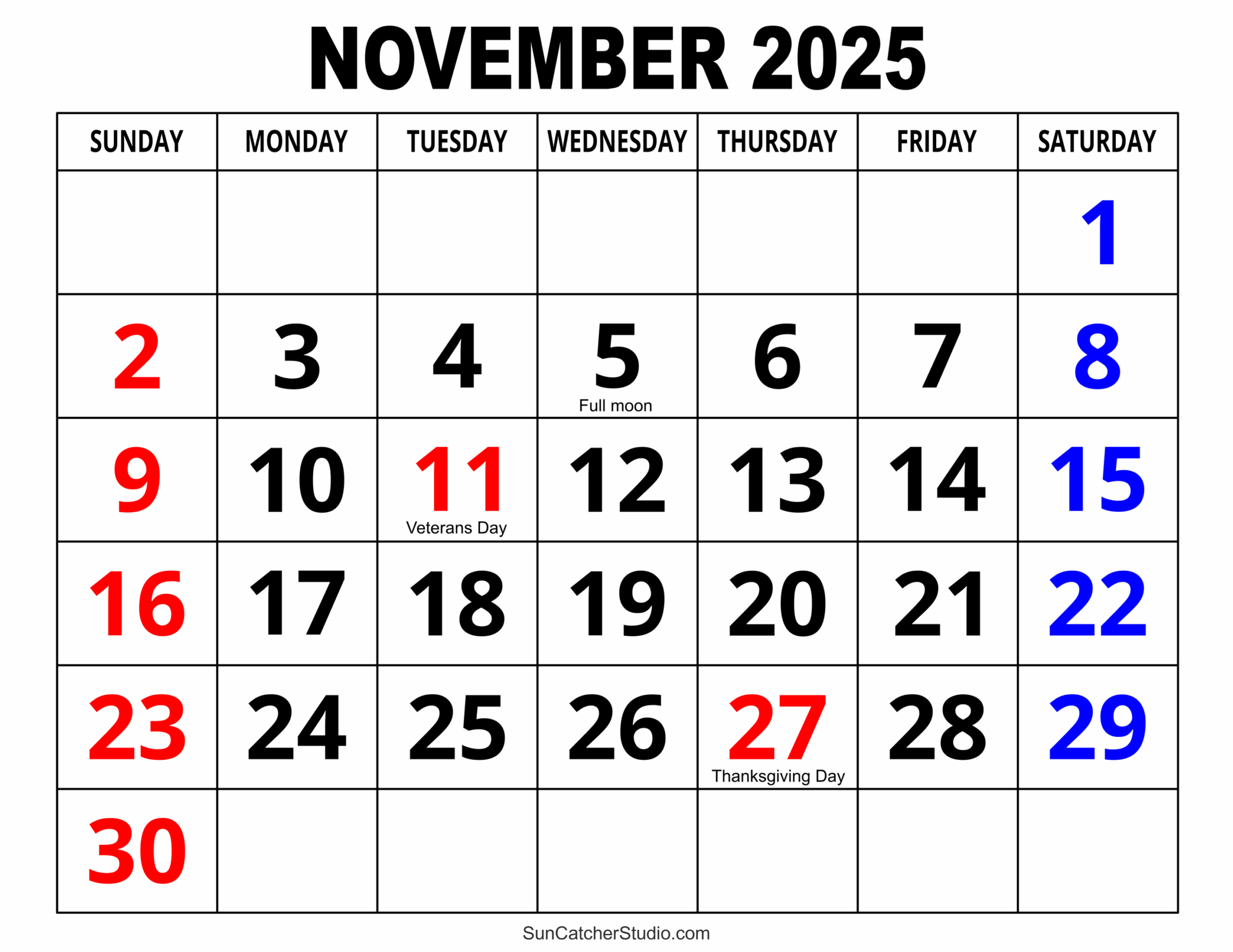 November 2025 Calendar Weekly