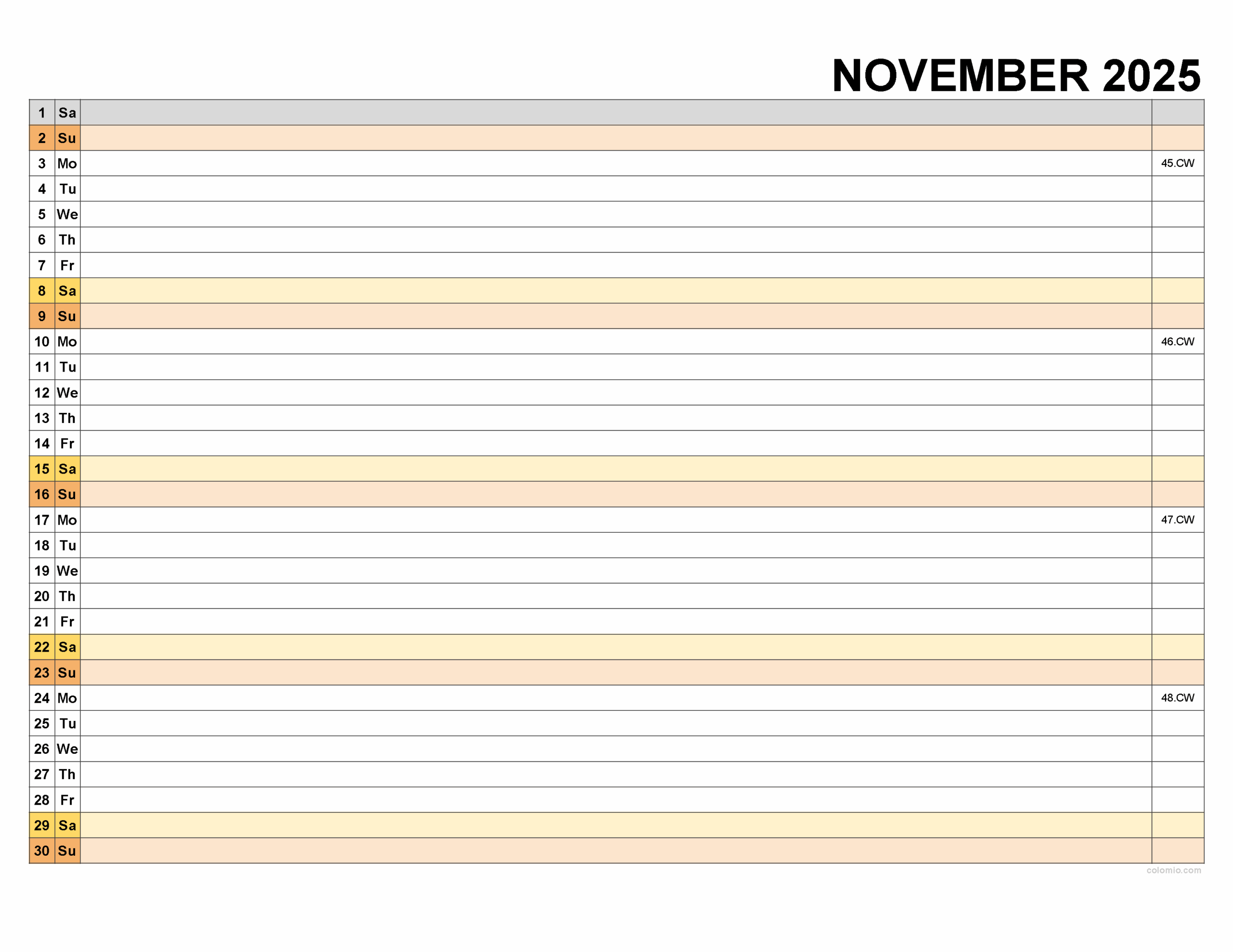 November 2025 Calendar List