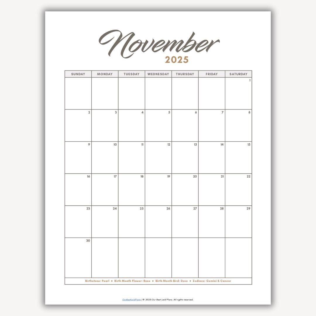 November 2025 Calendar Printable Download November 2025 Printable PDF Nov Cal 2025 Portrait Blank Minimalist Calendar November Month 2025 Etsy Canada
