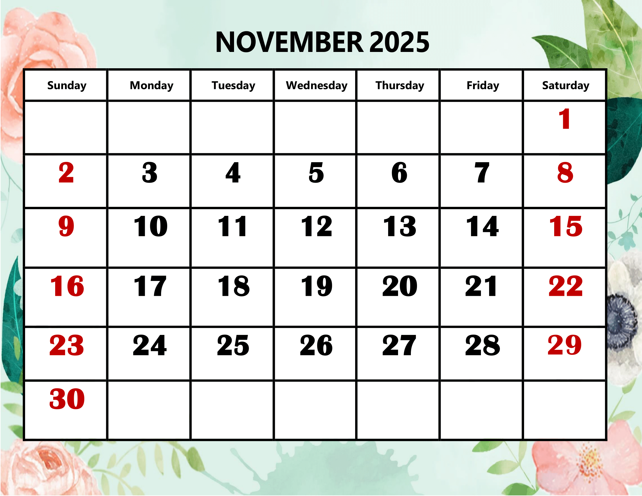 Day Calendar November 2025