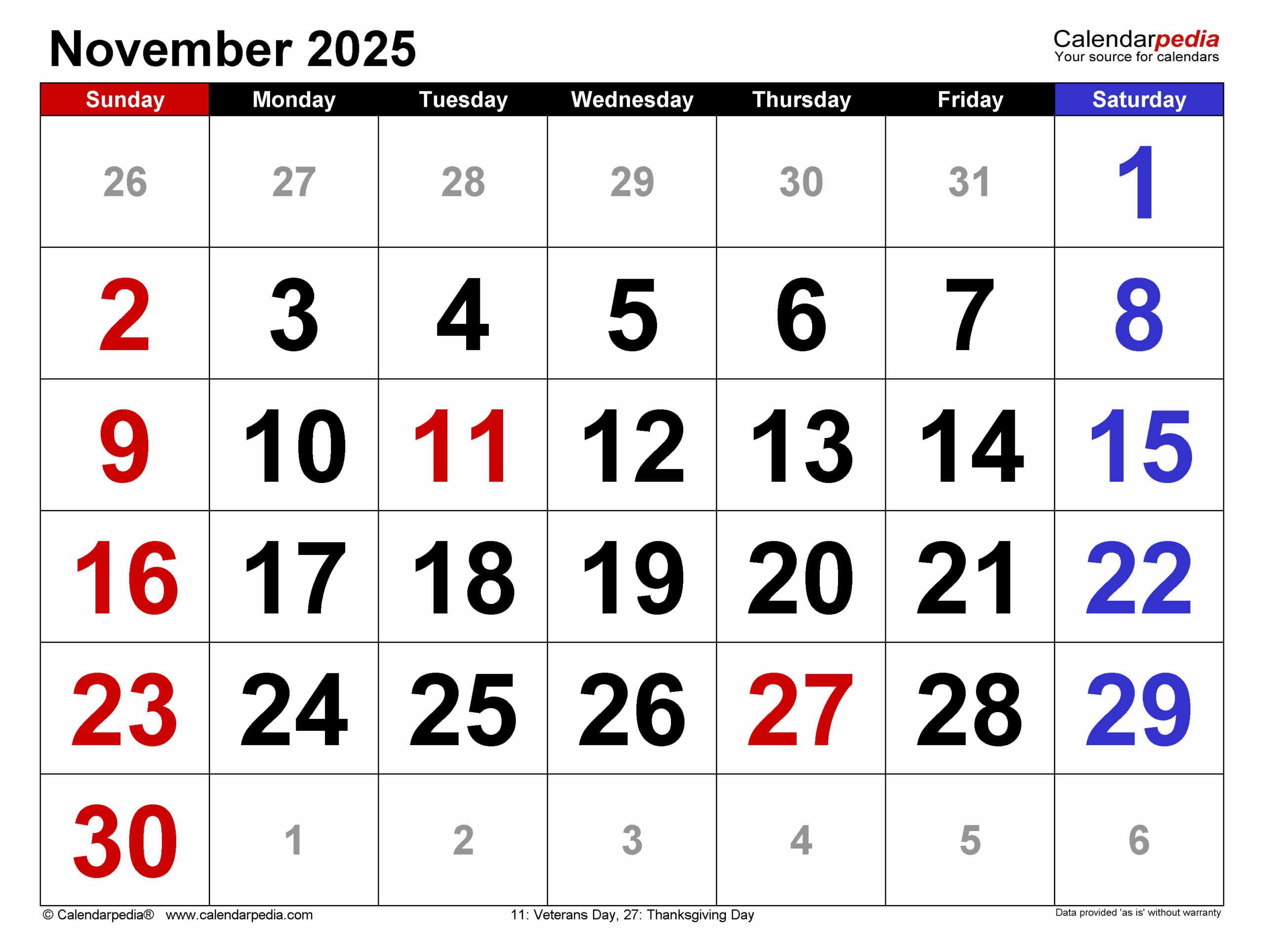 November 2025 Calendar Templates For PDF Excel And Word