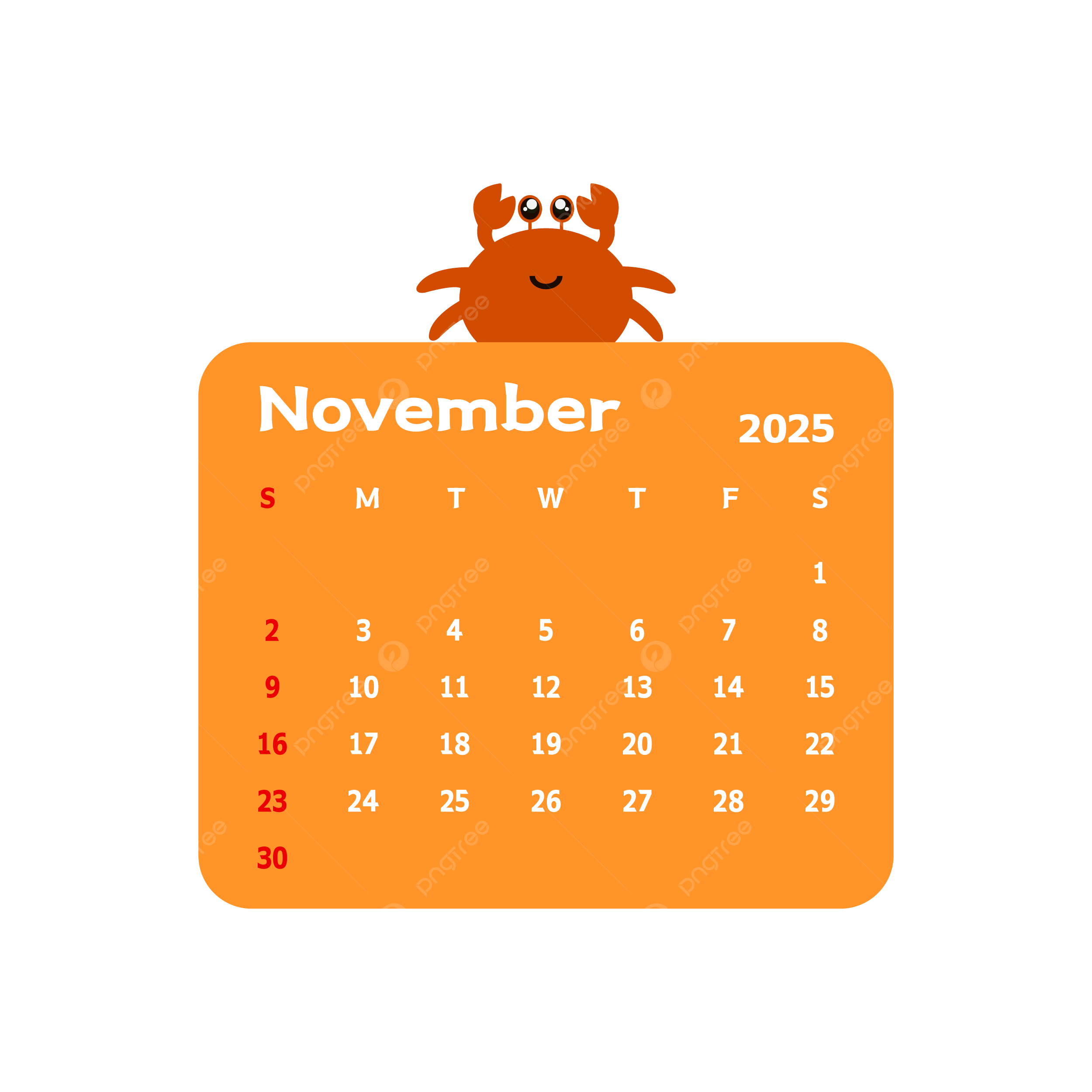 November 2025 Monthly Calendar With Cartoon Crab Vector Crab Clipart Calendar Clipart November Clipart PNG And Vector With Transparent Background For Free Download