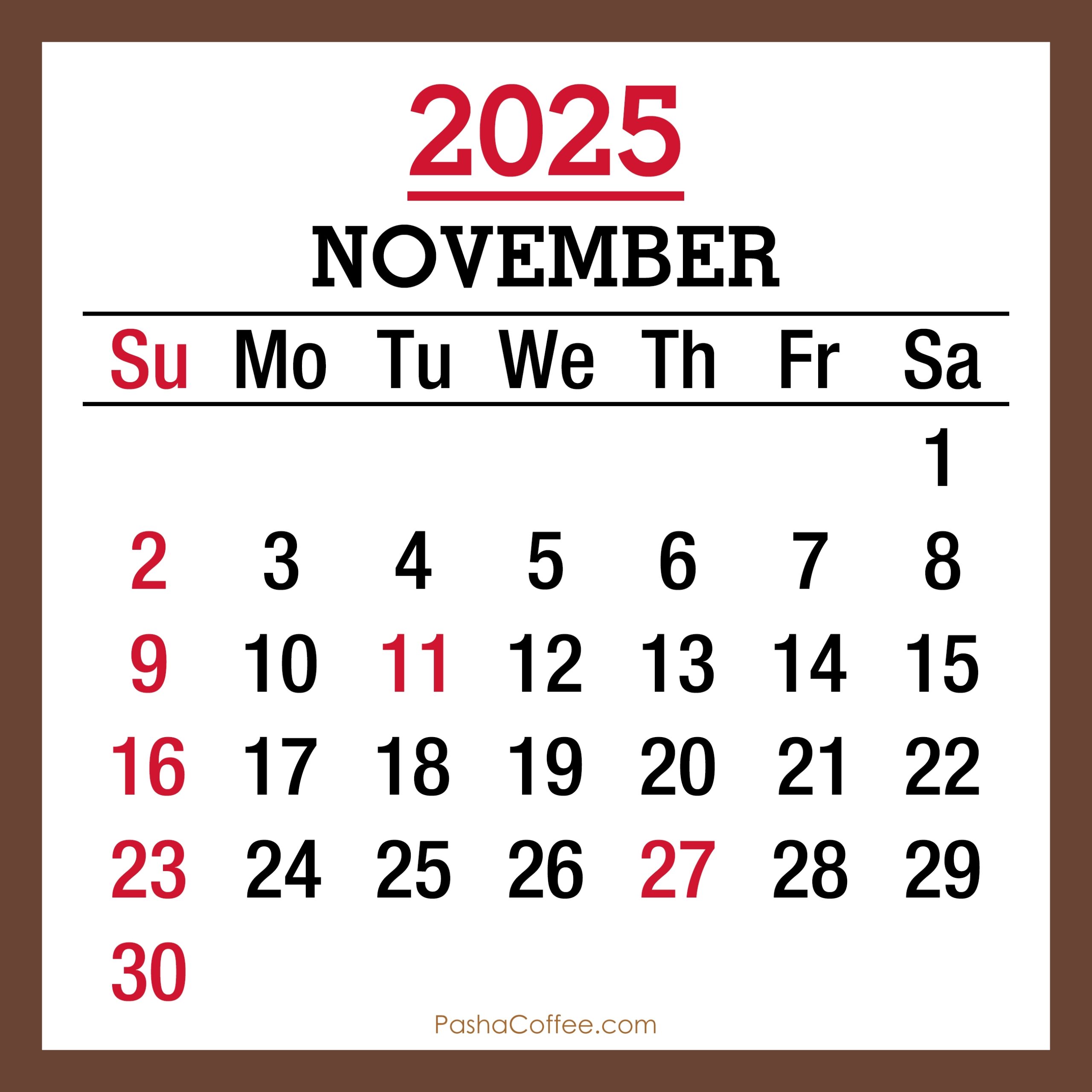 November 2025 Monthly Calendar With Holidays Printable Free 