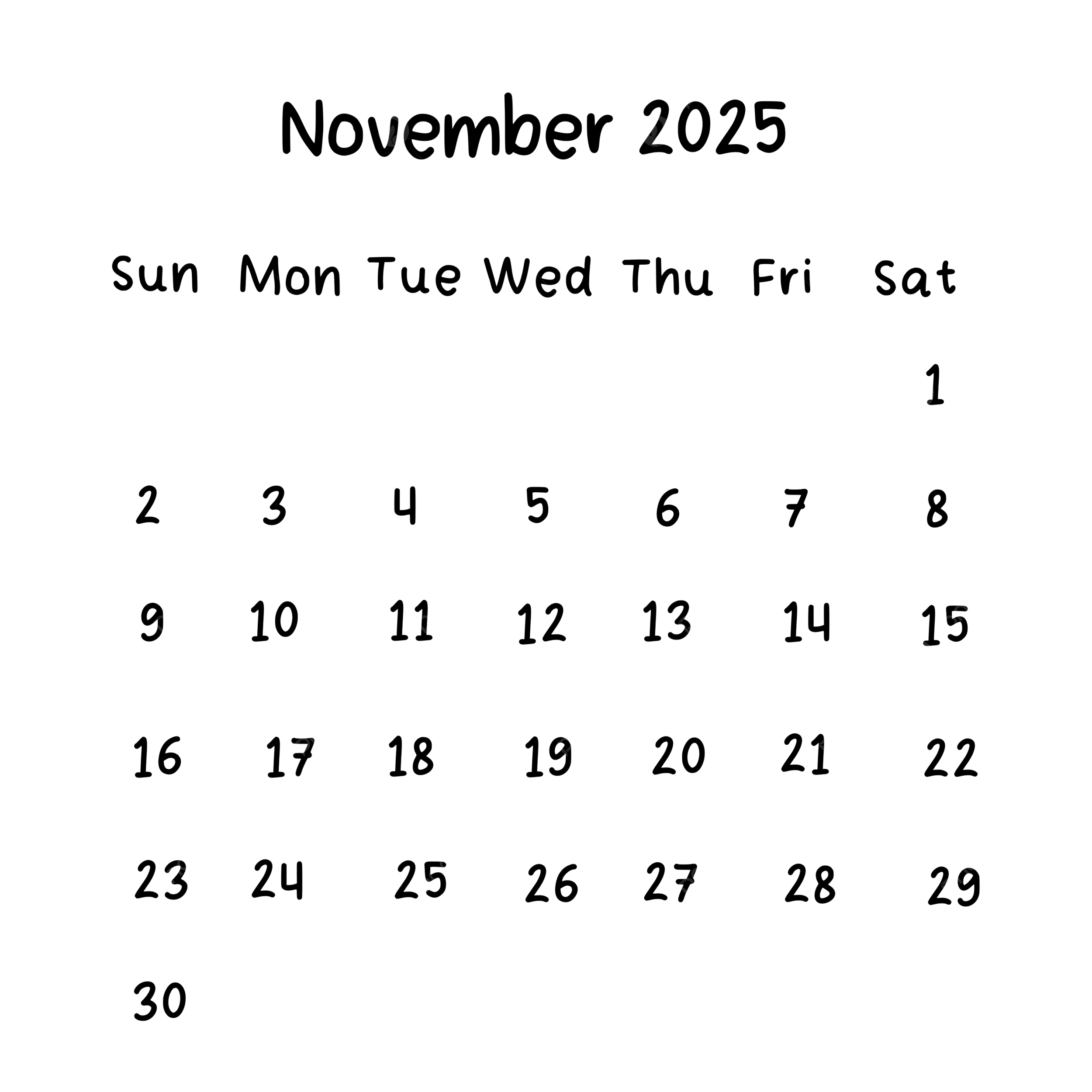 November 2025 Plain Calendar In Black Color 2025 Calendar November PNG Transparent Clipart Image And PSD File For Free Download