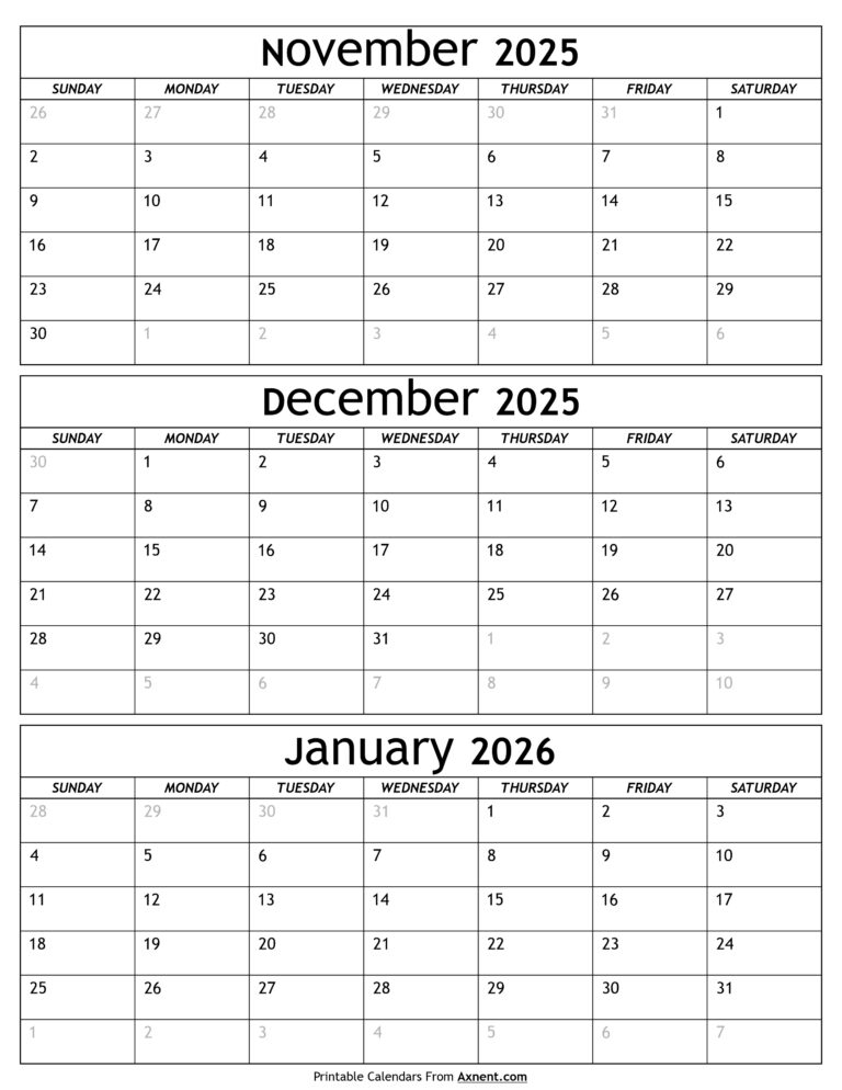 November 2025 To January 2026 Calendar Templates Three Months