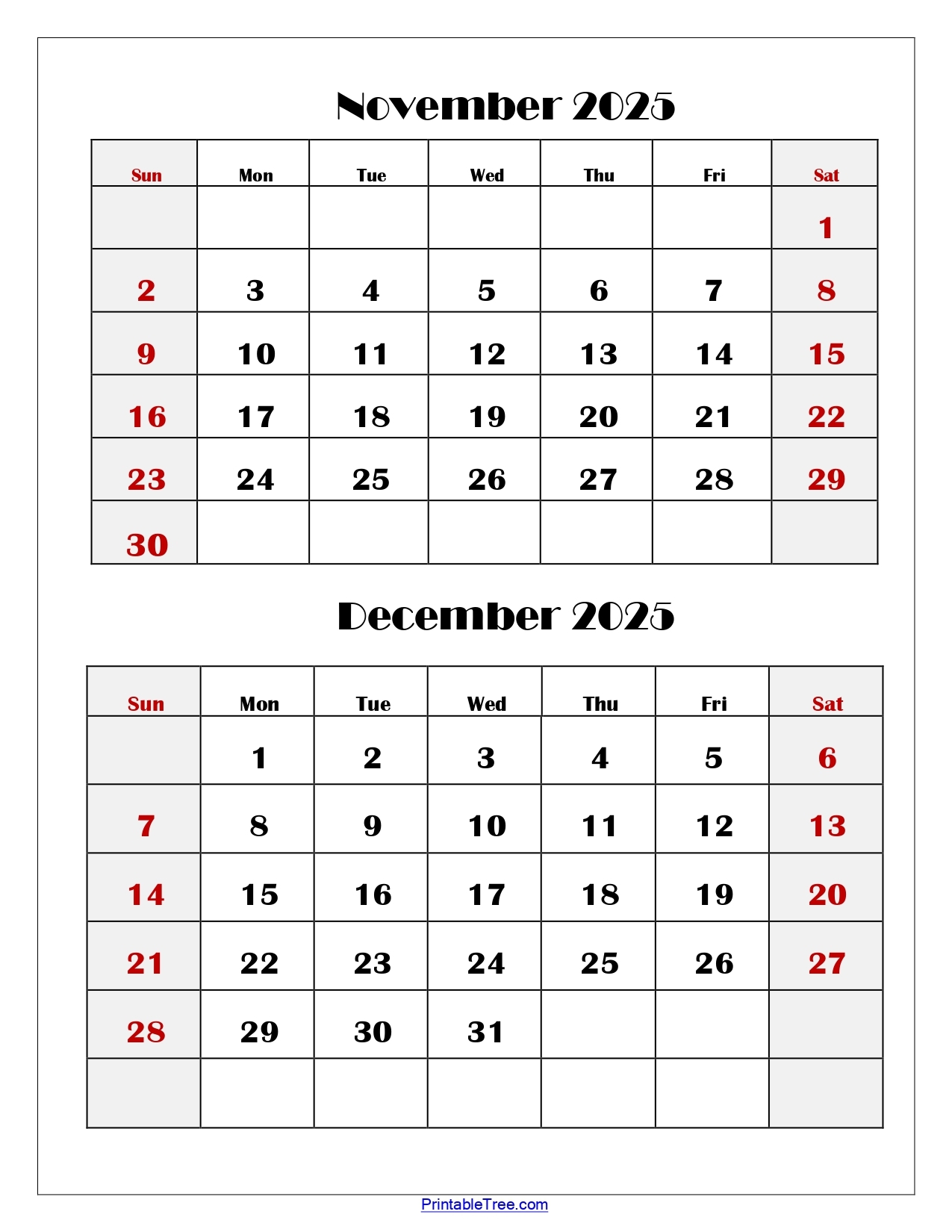 November And December 2025 Calendar Excel