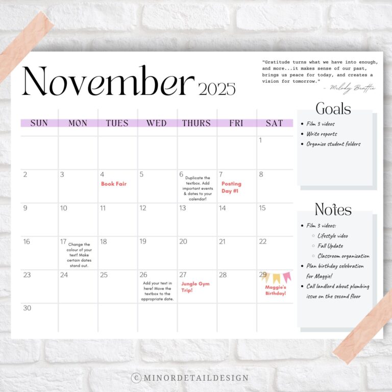 November Calendar 2025 November 2025 Printable Calendar November Calendar Printable Calendar With Notes Section Cute Calendar Printable Etsy
