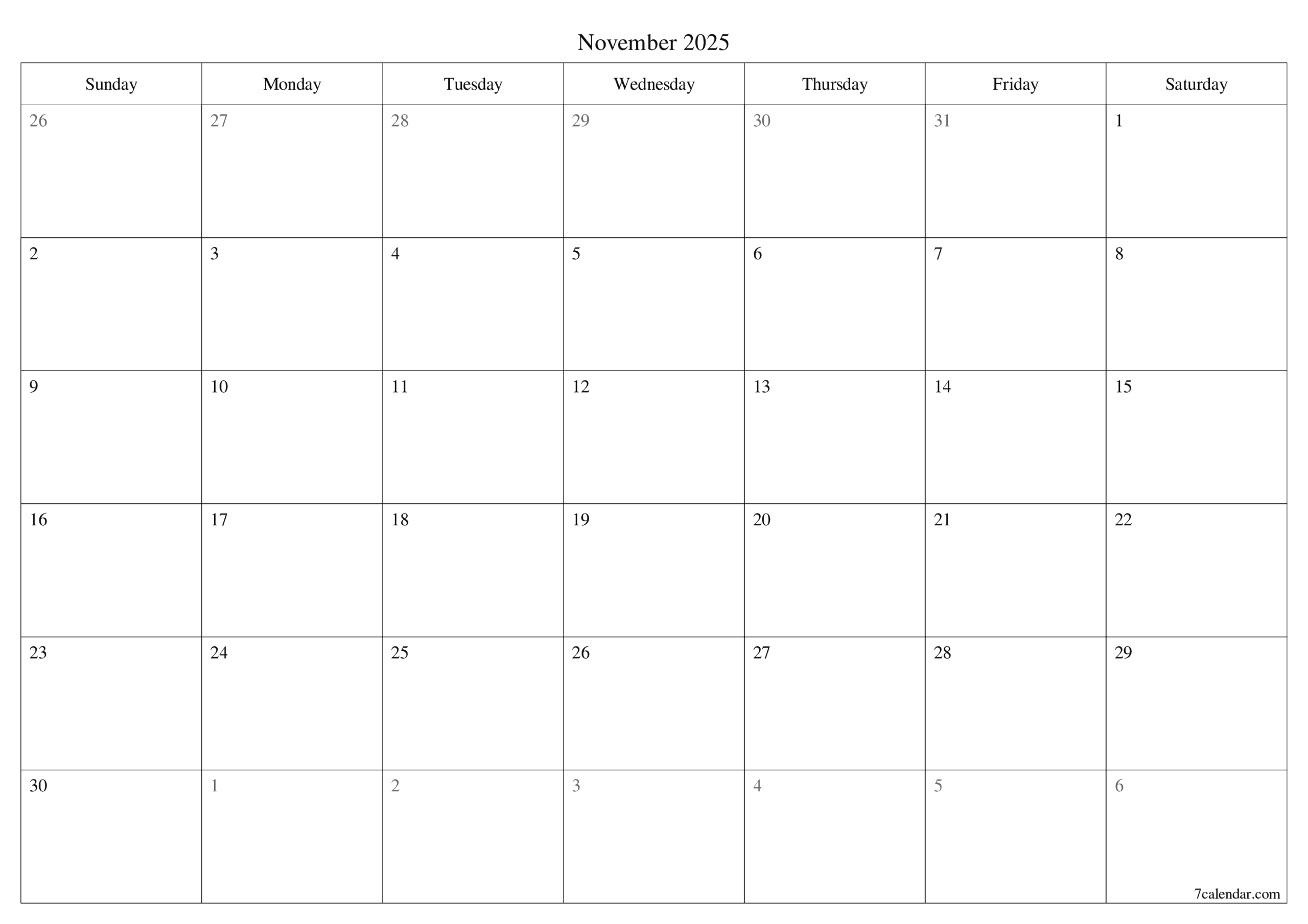November Calendar 2025 Printable Template 7calendar