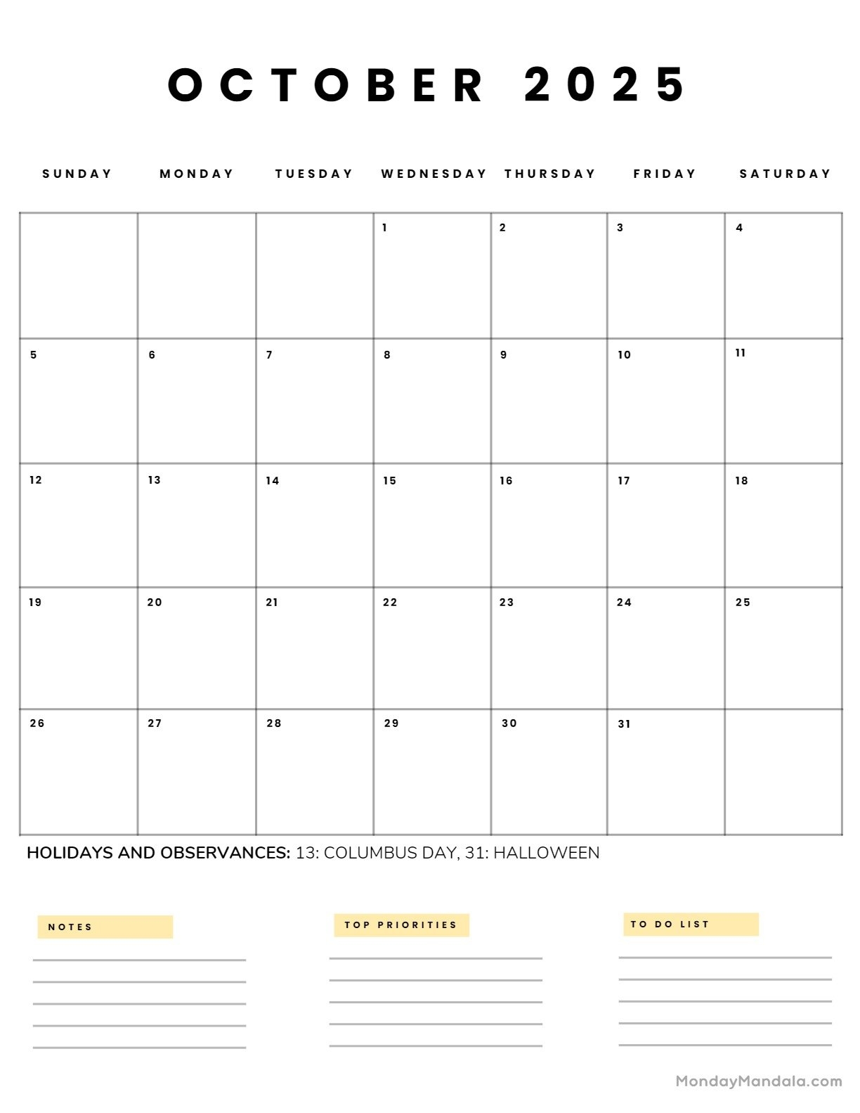 October Calendar 2025 With Holidays Printable