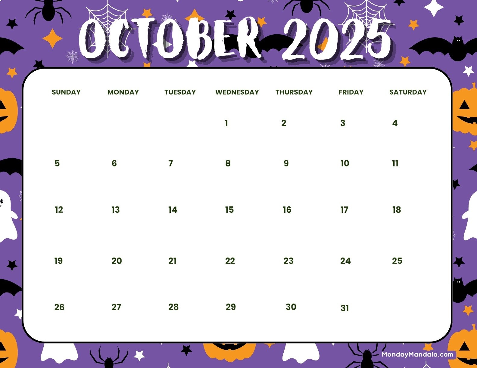 October 2025 Halloween Calendar Printable