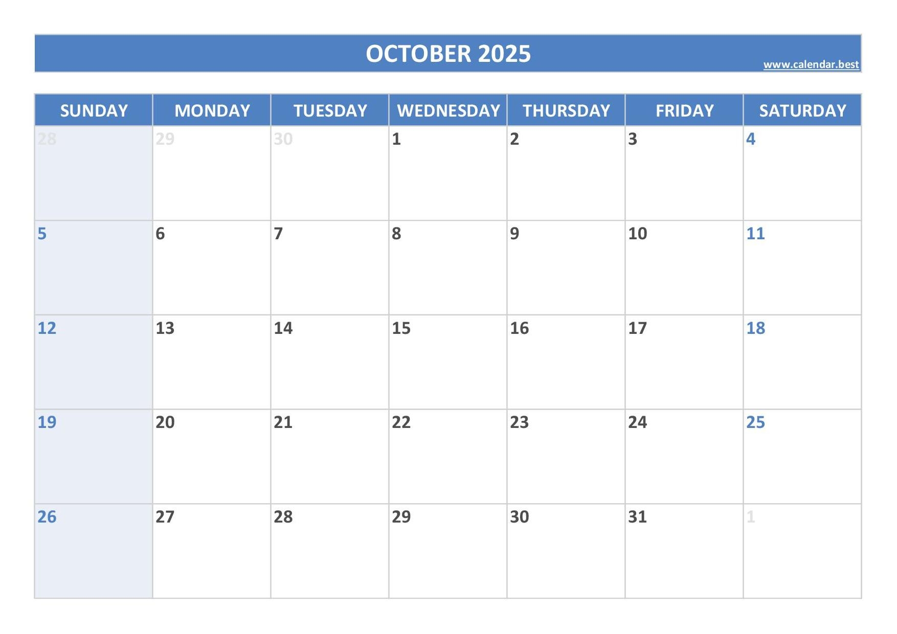 Free October Calendar 2025 Print