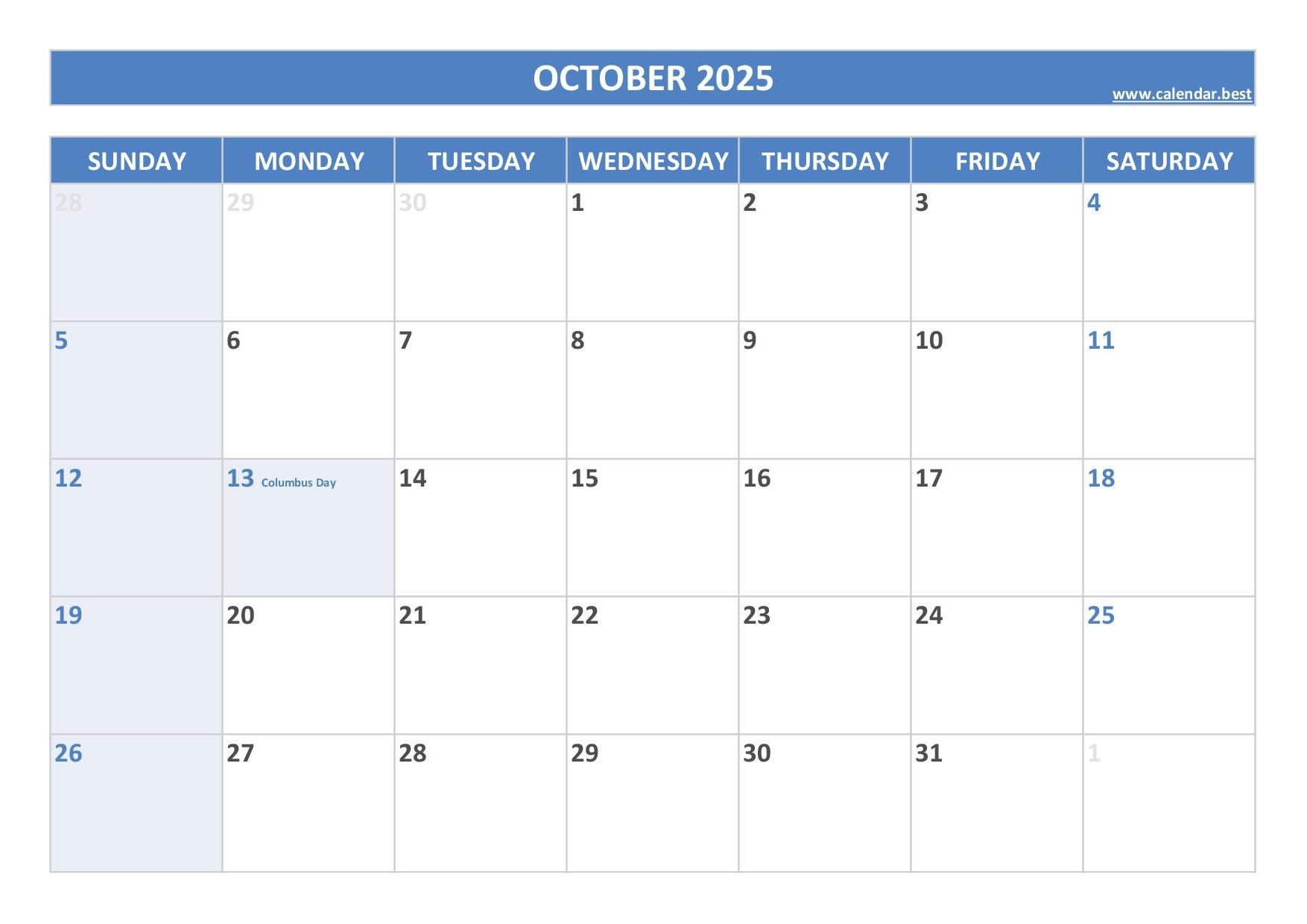 Calendar 2025 October Holiday