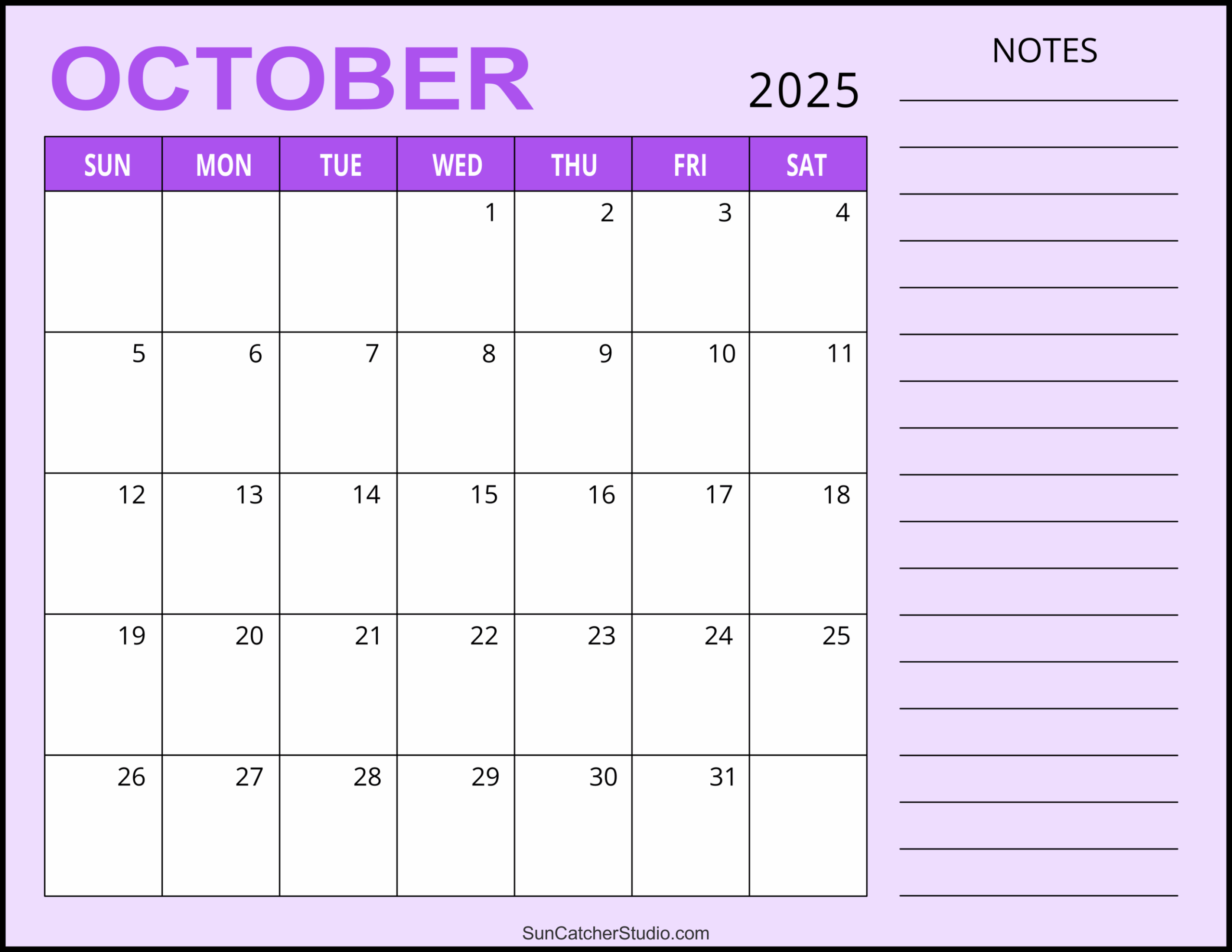 2025 Monthly Calendar October
