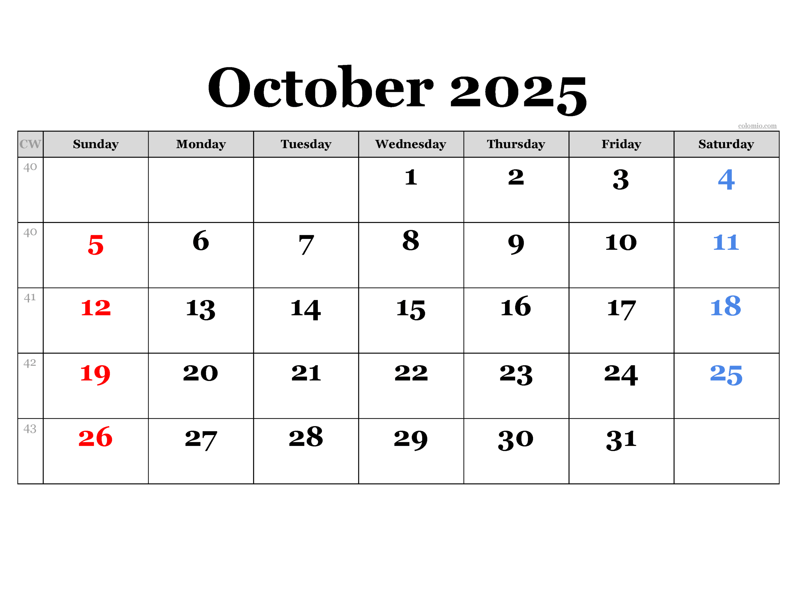 Weekly Calendar 2025 October