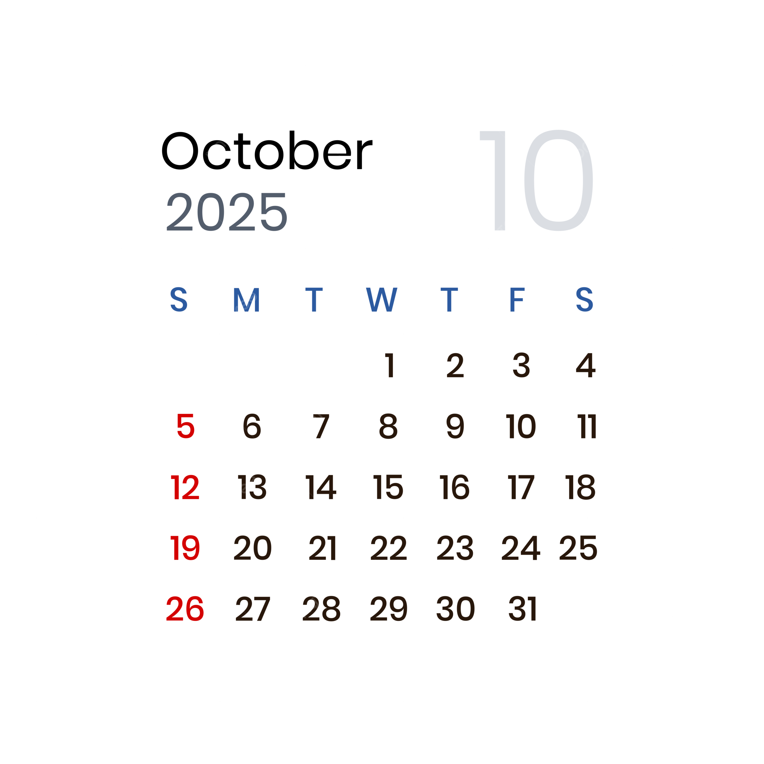 Transparent October 2025 Calendar