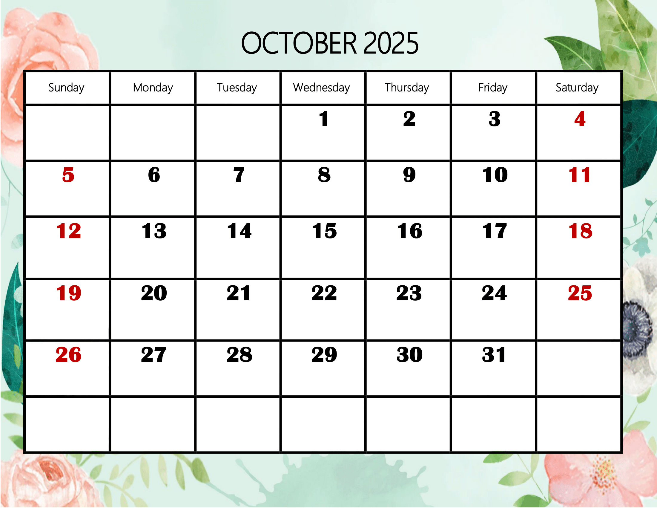 Spanish October Calendar 2025