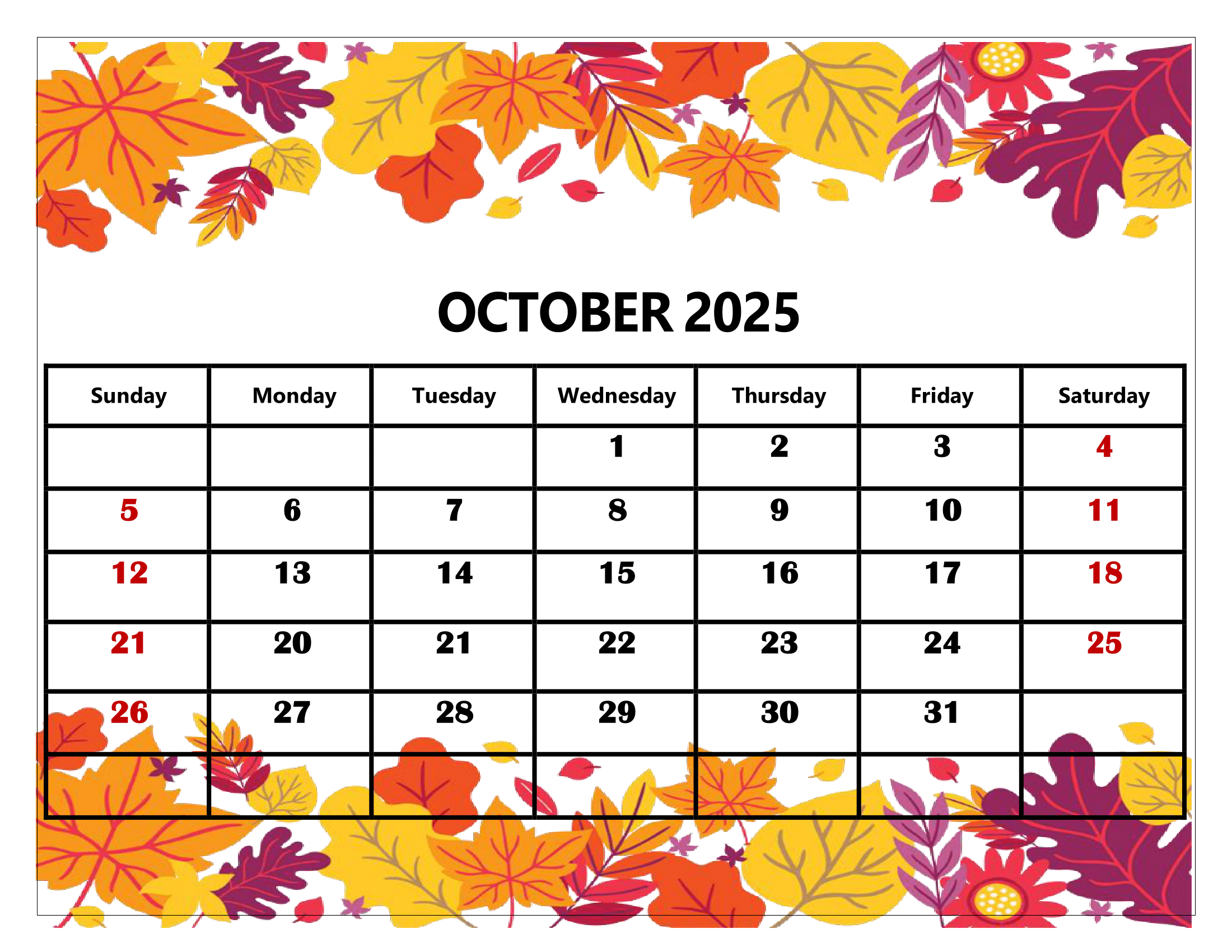 Calendar 2025 October Holidays