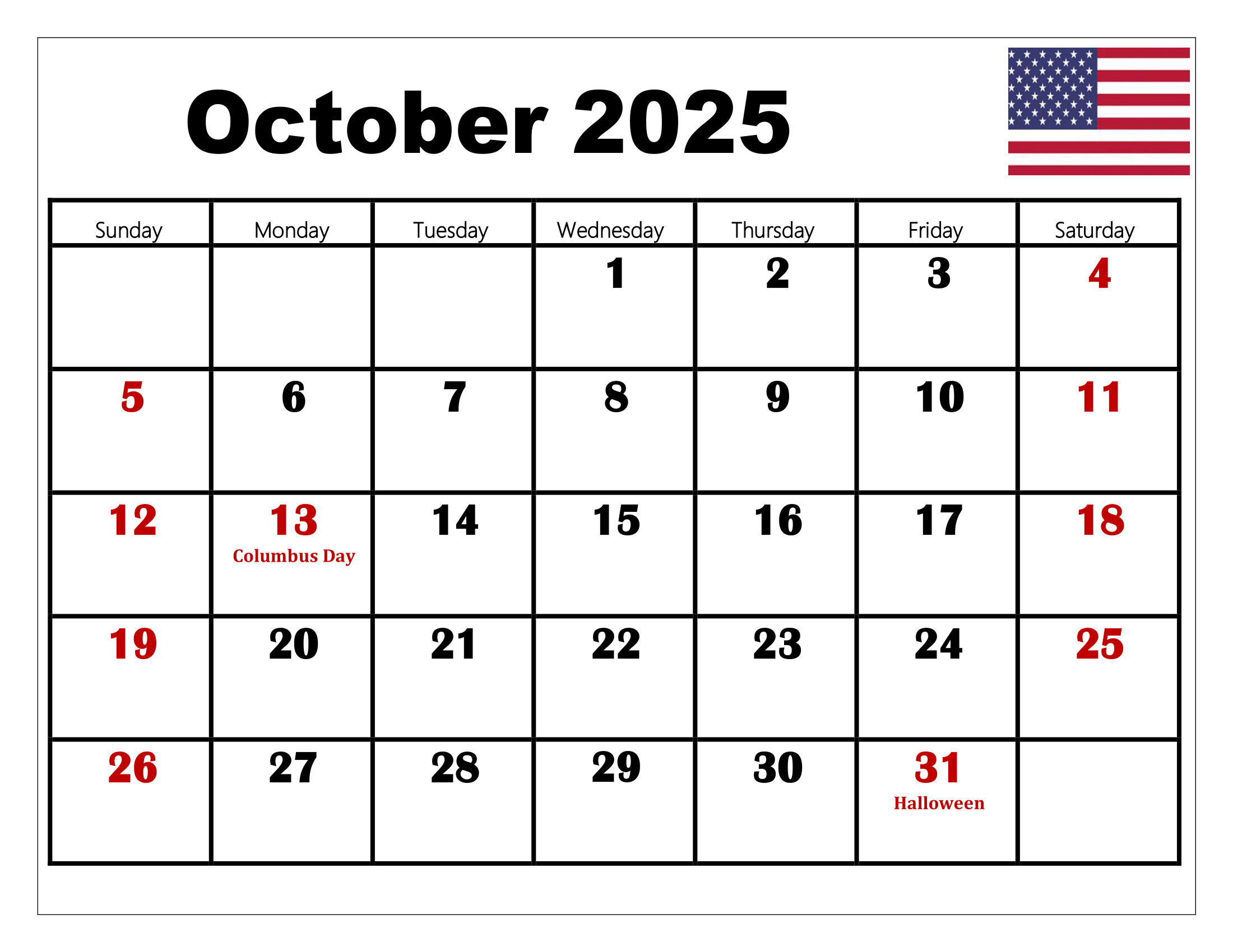 October 2025 Calendar National Days