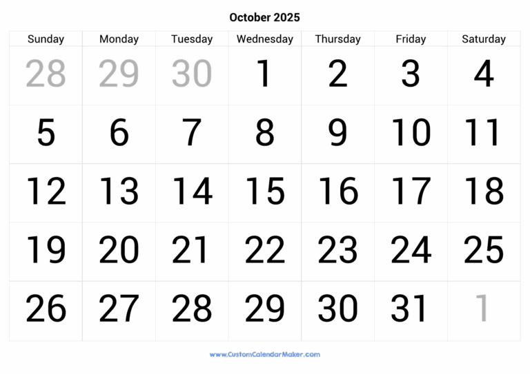 October 2025 Calendar Printable With Large Numbers Custom Calendar Maker