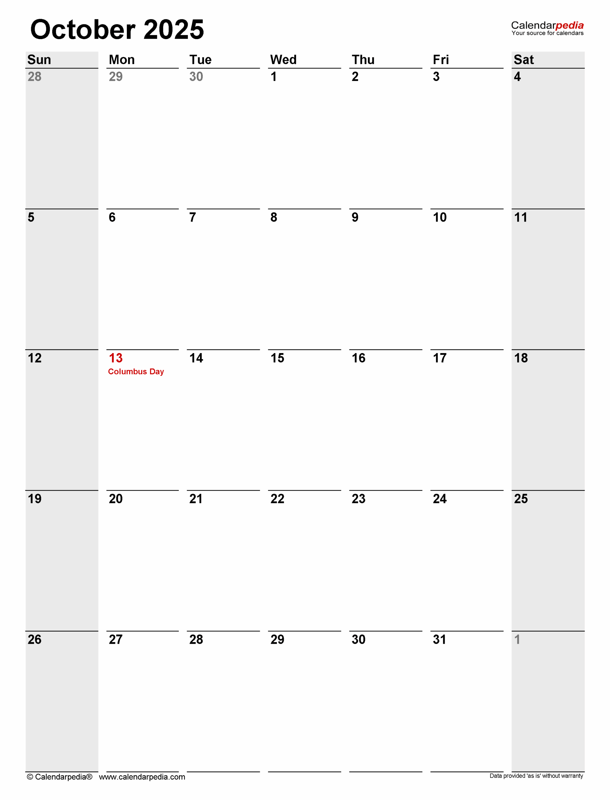 October Calendar 2025 Word