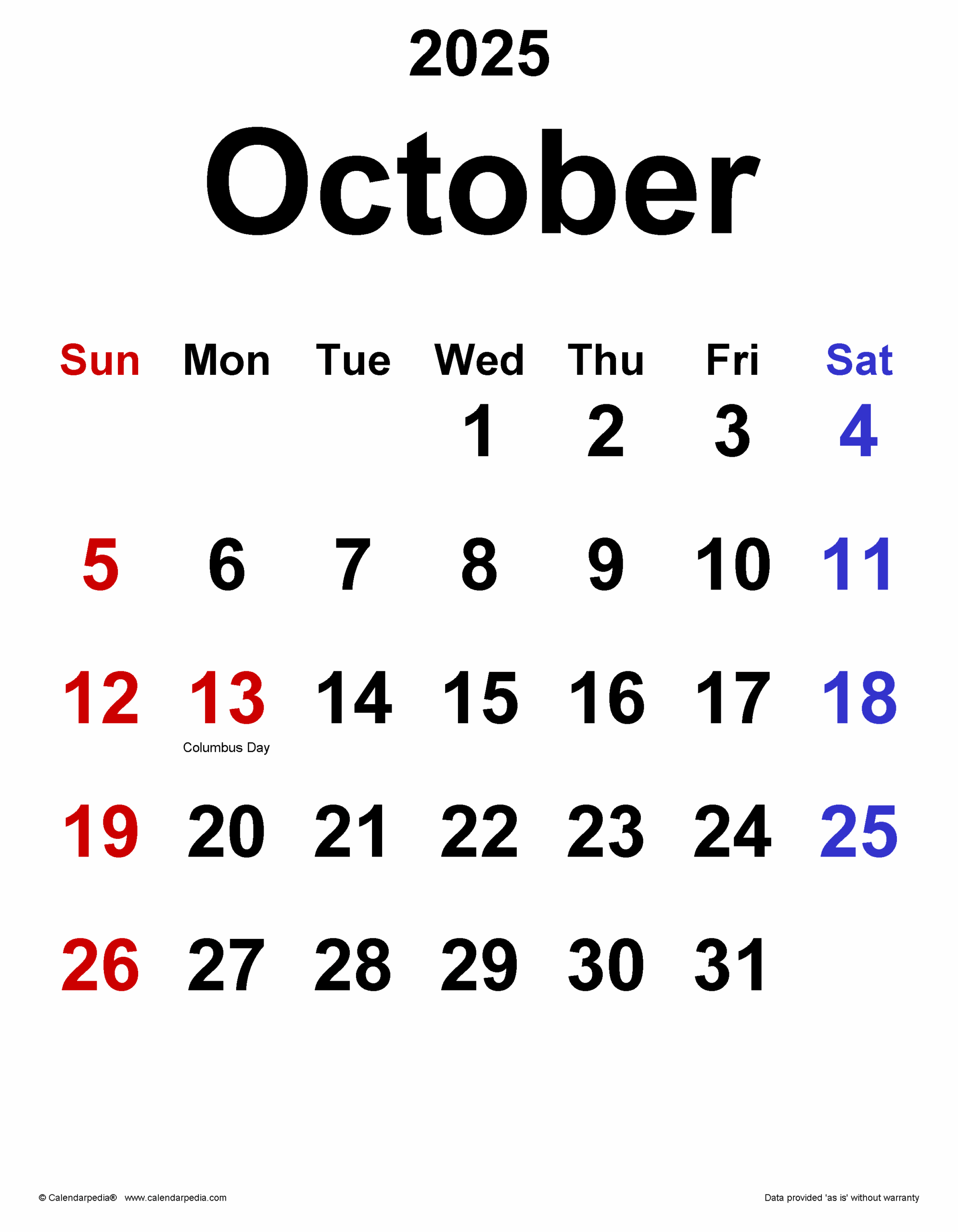October 2025 Calendar Editable Word