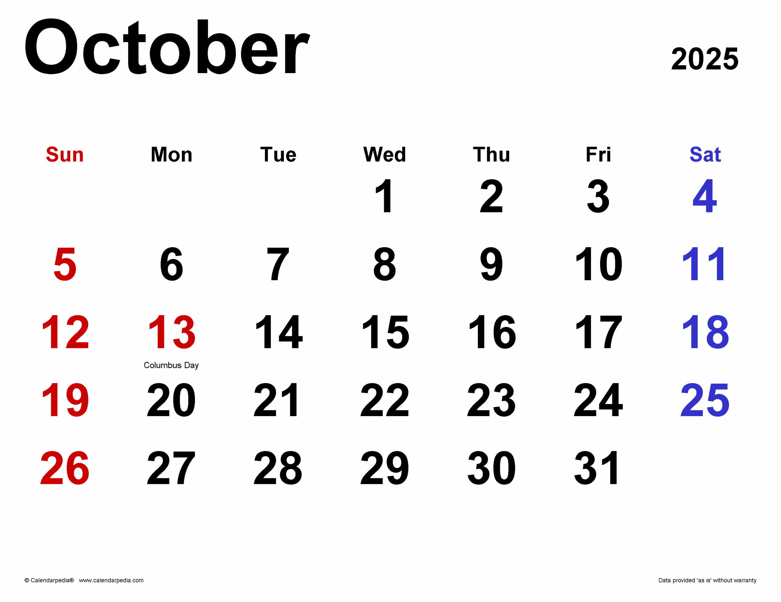 October 2025 Calendar Template Excel