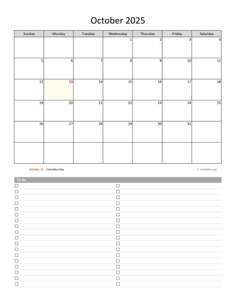 October 2025 Calendar With To Do List WikiDates