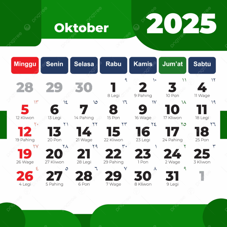 October 2025 Complete Indonesian Calendar In Green Vector 2025 Calendar Indonesian Calendar October PNG And Vector With Transparent Background For Free Download