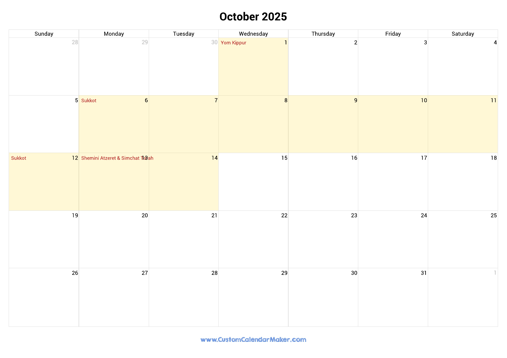 October Jewish Holidays 2025 Calendar