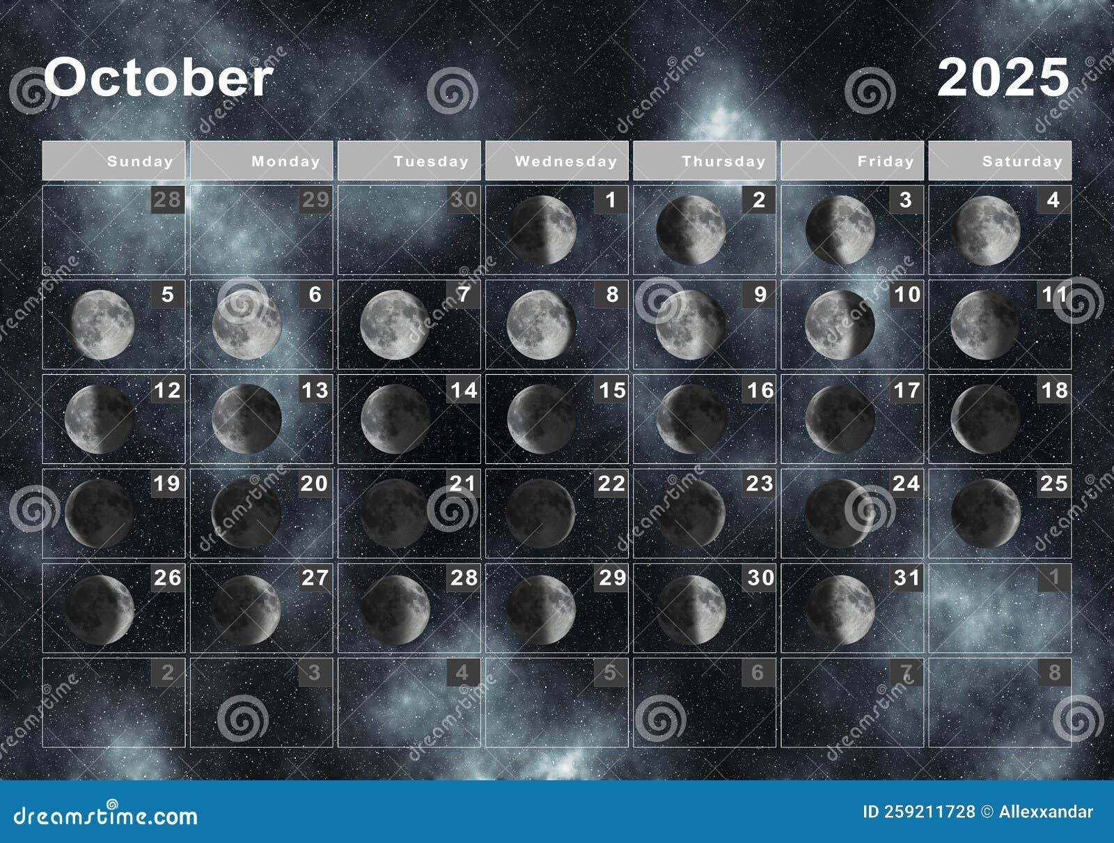 October 2025 Lunar Calendar Moon Cycles Stock Illustration 