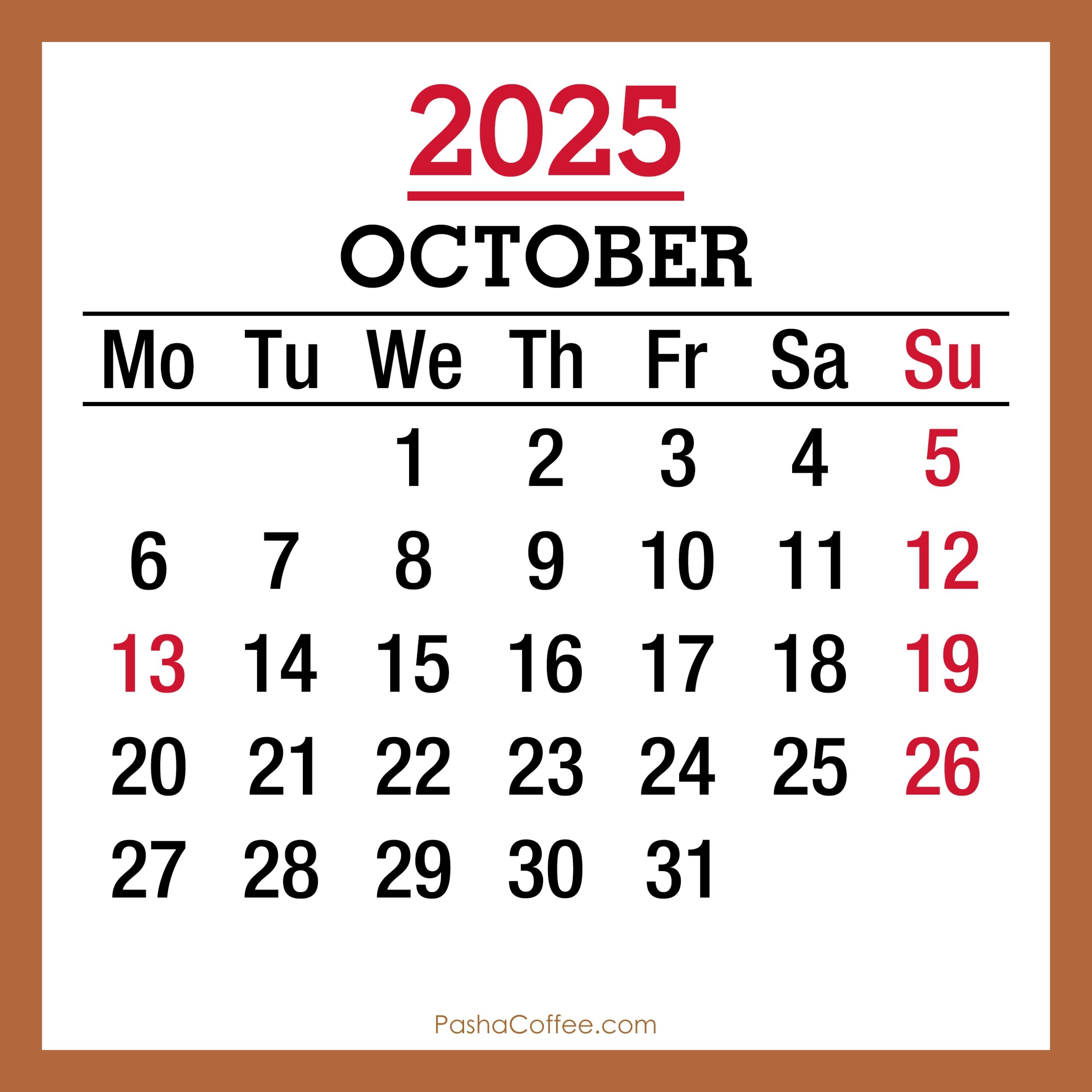 October 2025 Monthly Calendar With Holidays Printable Free Beige 