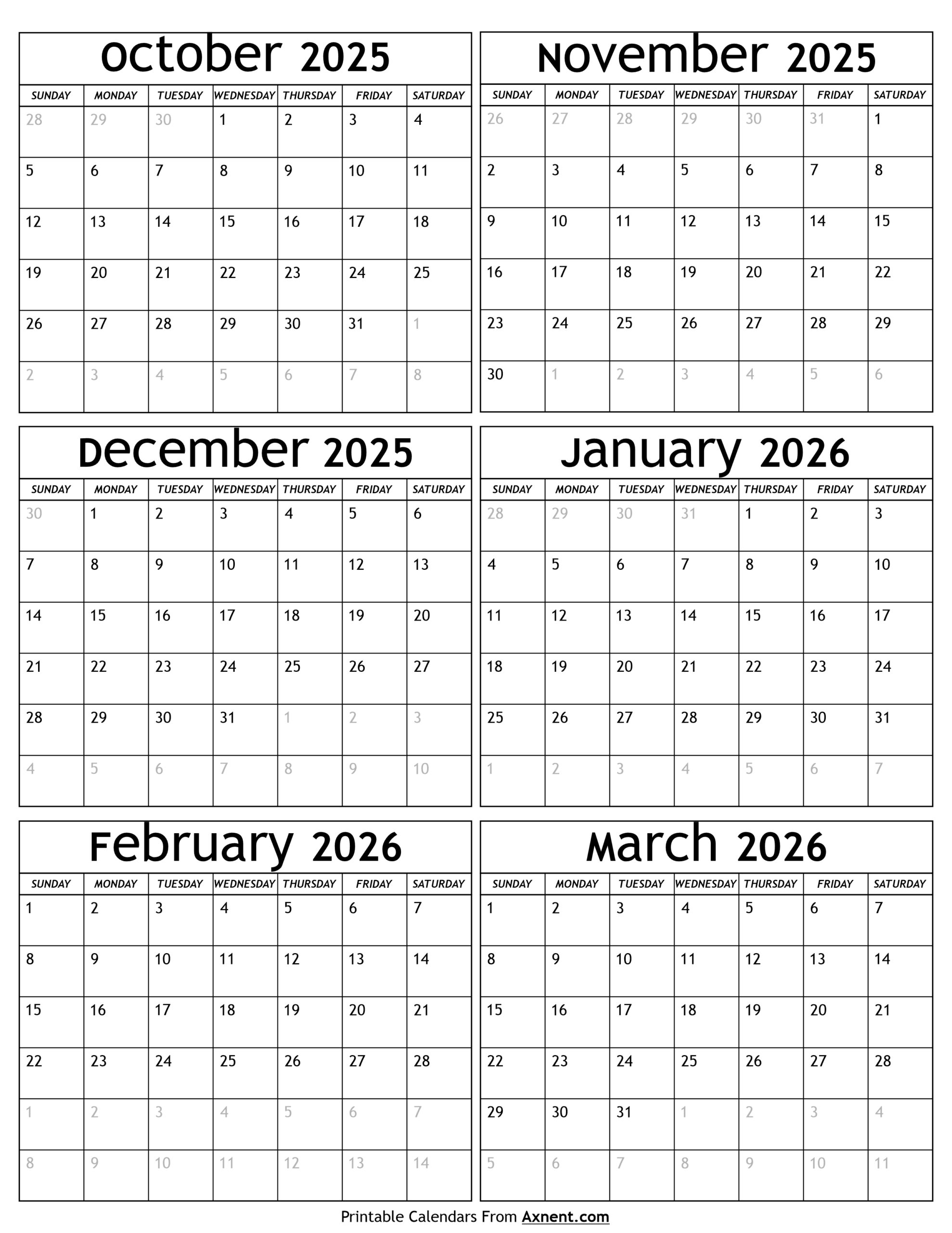 October 2025 To March 2026 Calendar Templates Six Months