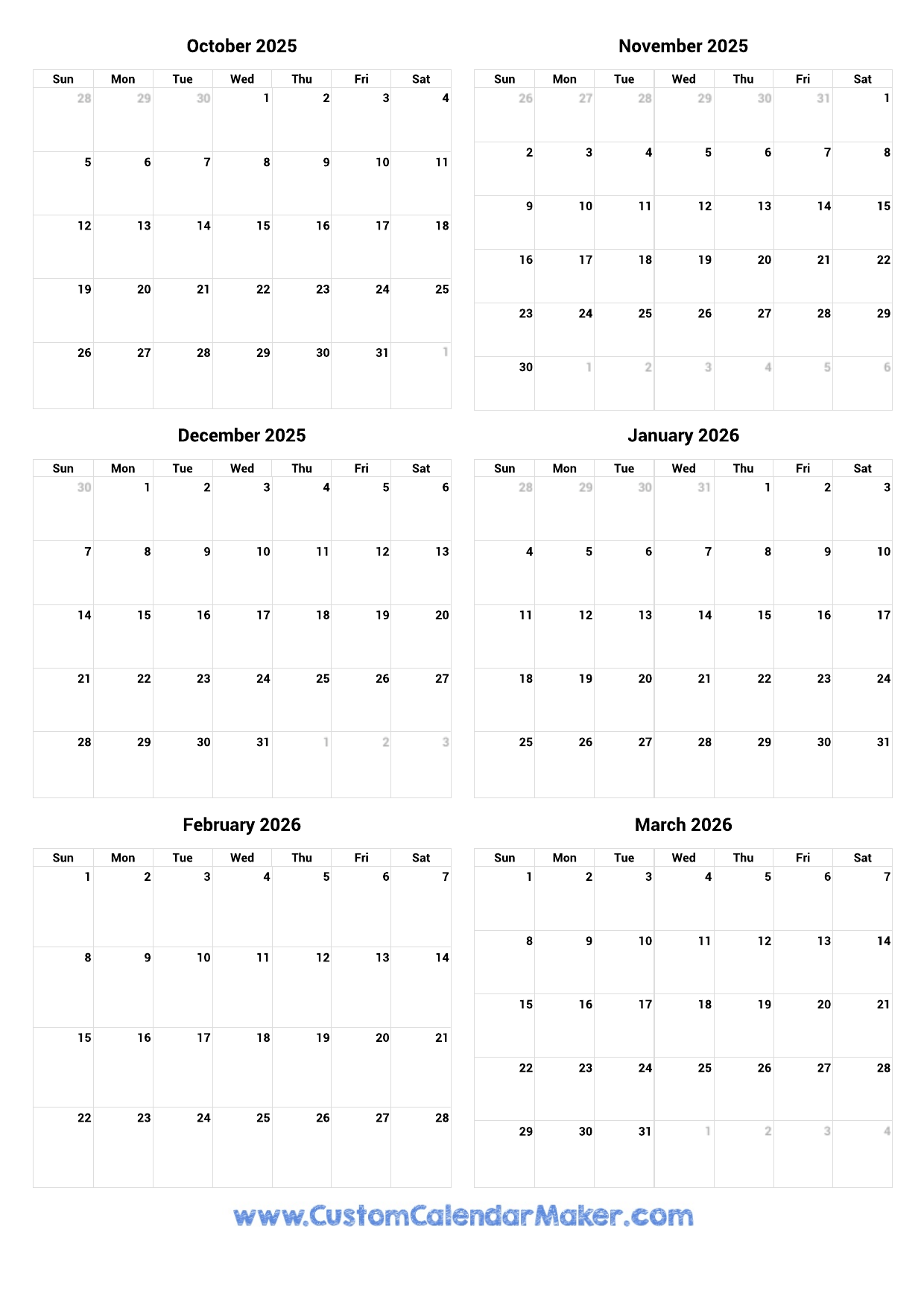 October 2025 To March 2026 Printable Calendar Custom Calendar Maker