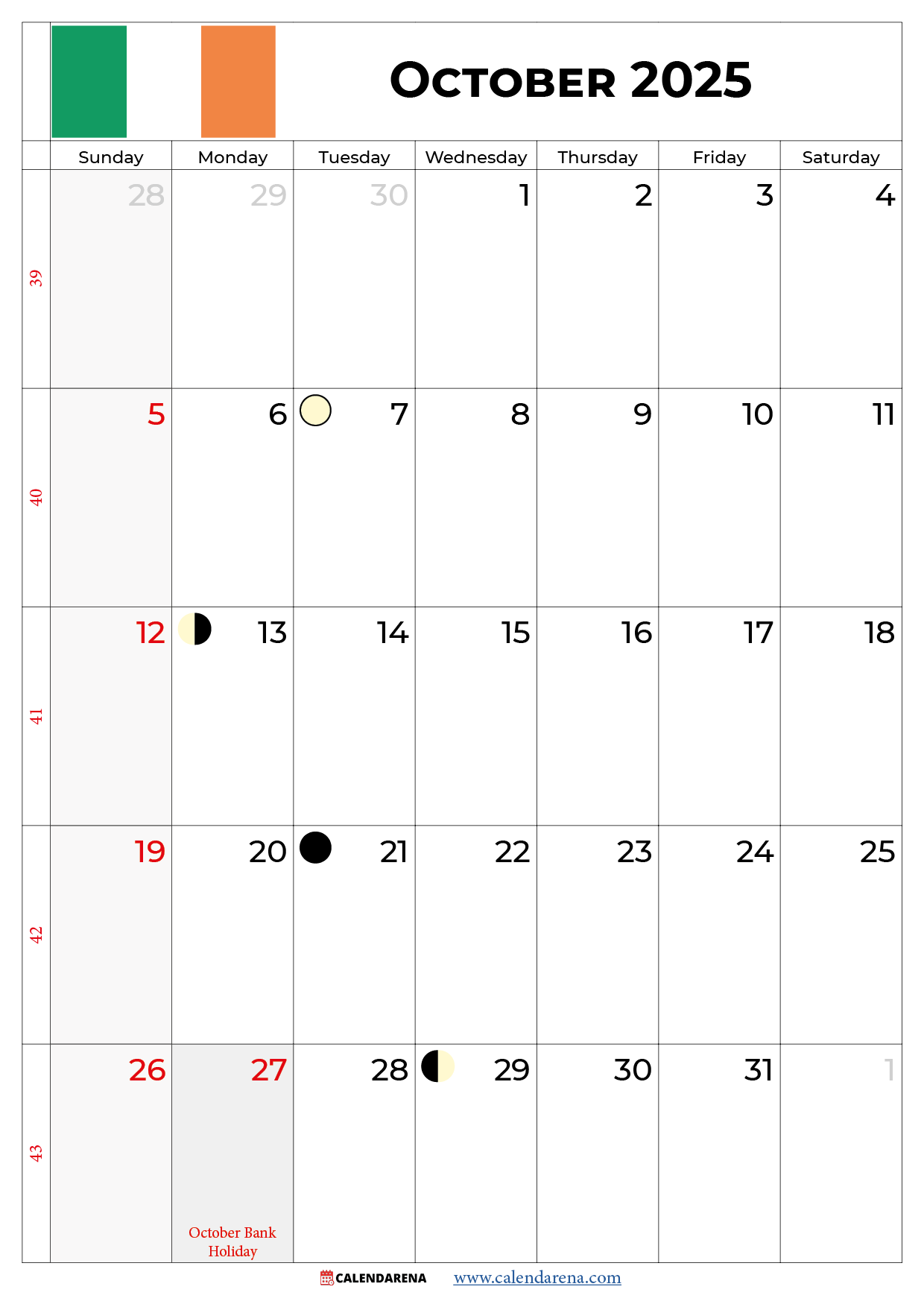 October Calendar 2025 Ireland