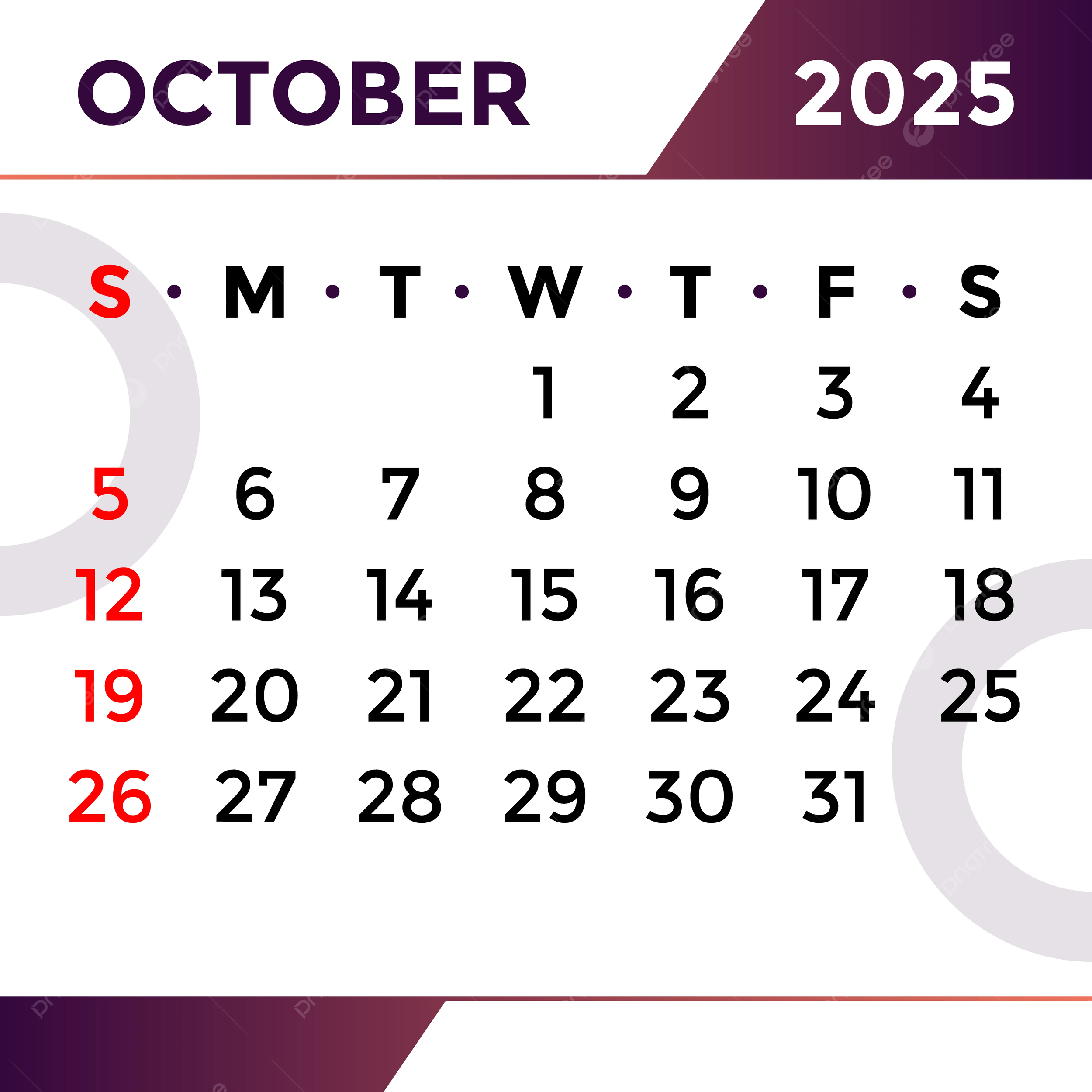 October Month Calendar 2025 Vector Template Download On Pngtree