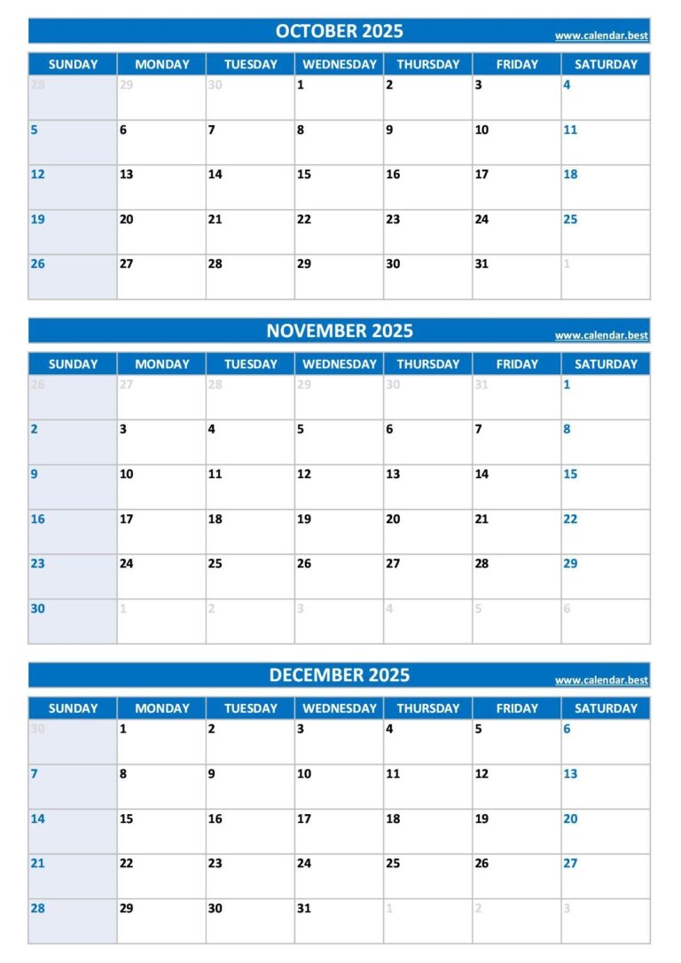 Printable 4th Quarter 2025 Calendar Months Of October November And December 2025