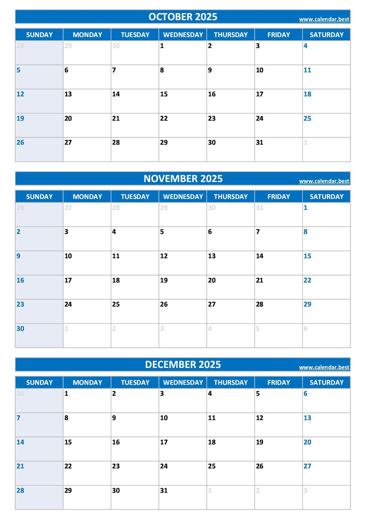 Printable 4th Quarter 2025 Calendar Months Of October November 
