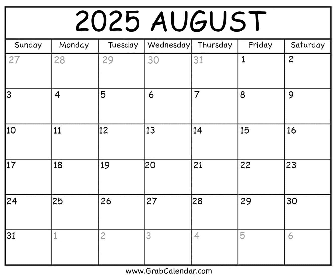 Printable August 2025 Calendar