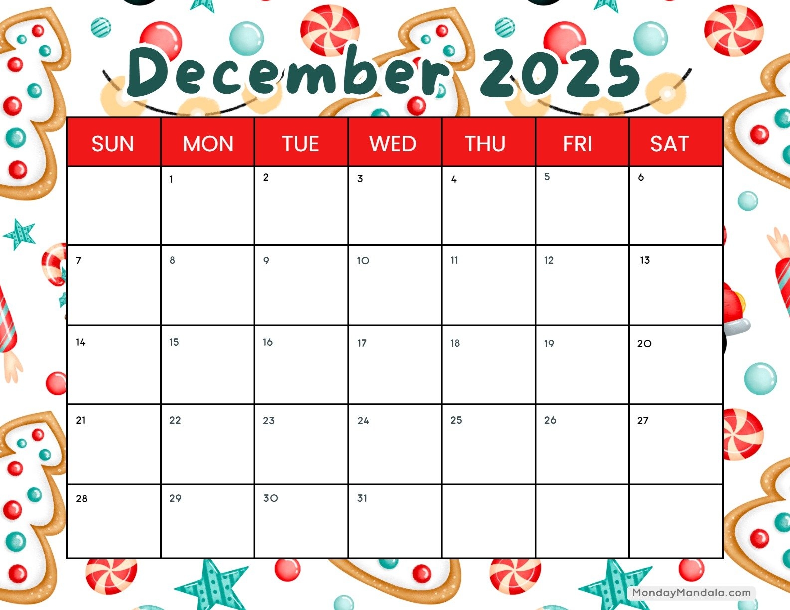 Free Editable Calendar Template December 2025