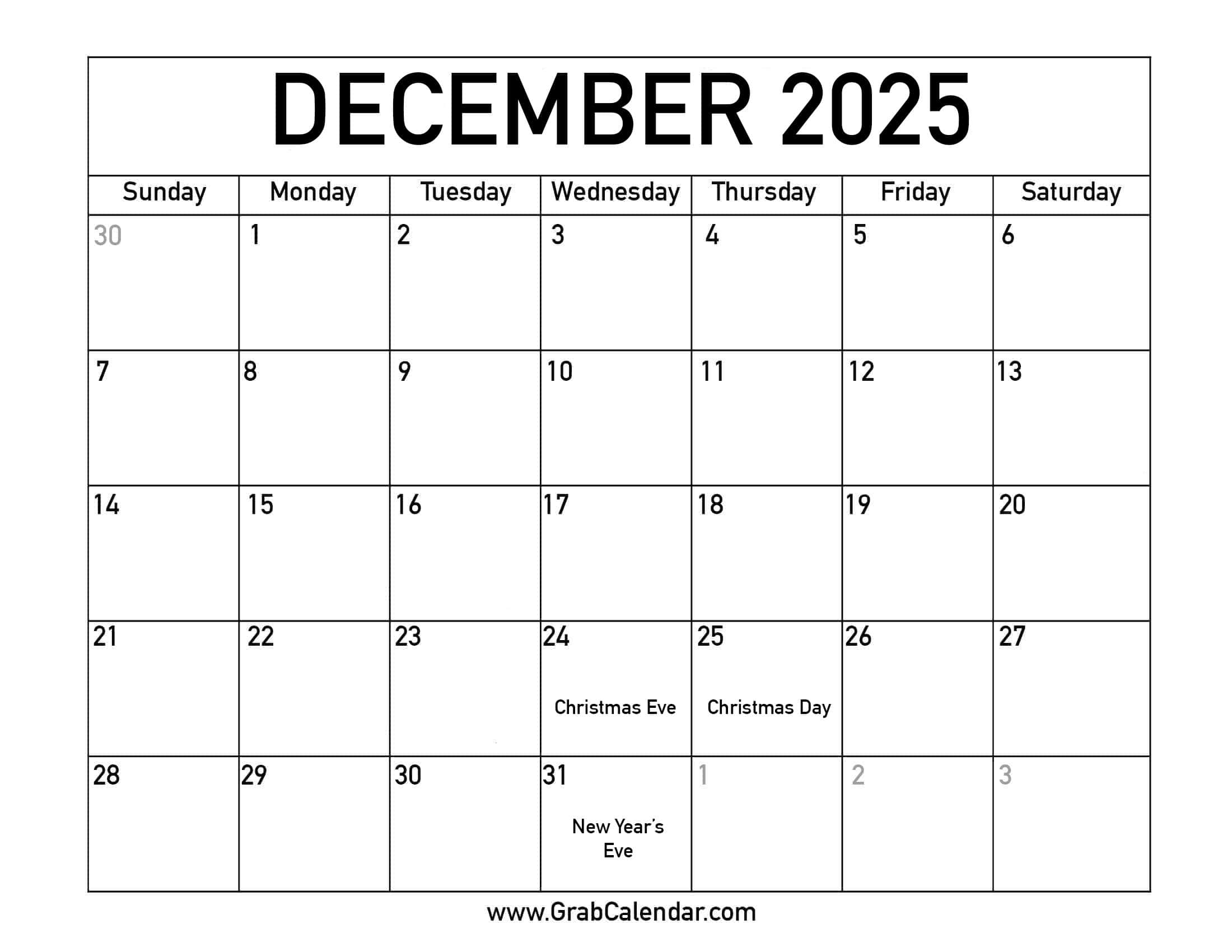 December 2025 Calendar Winter